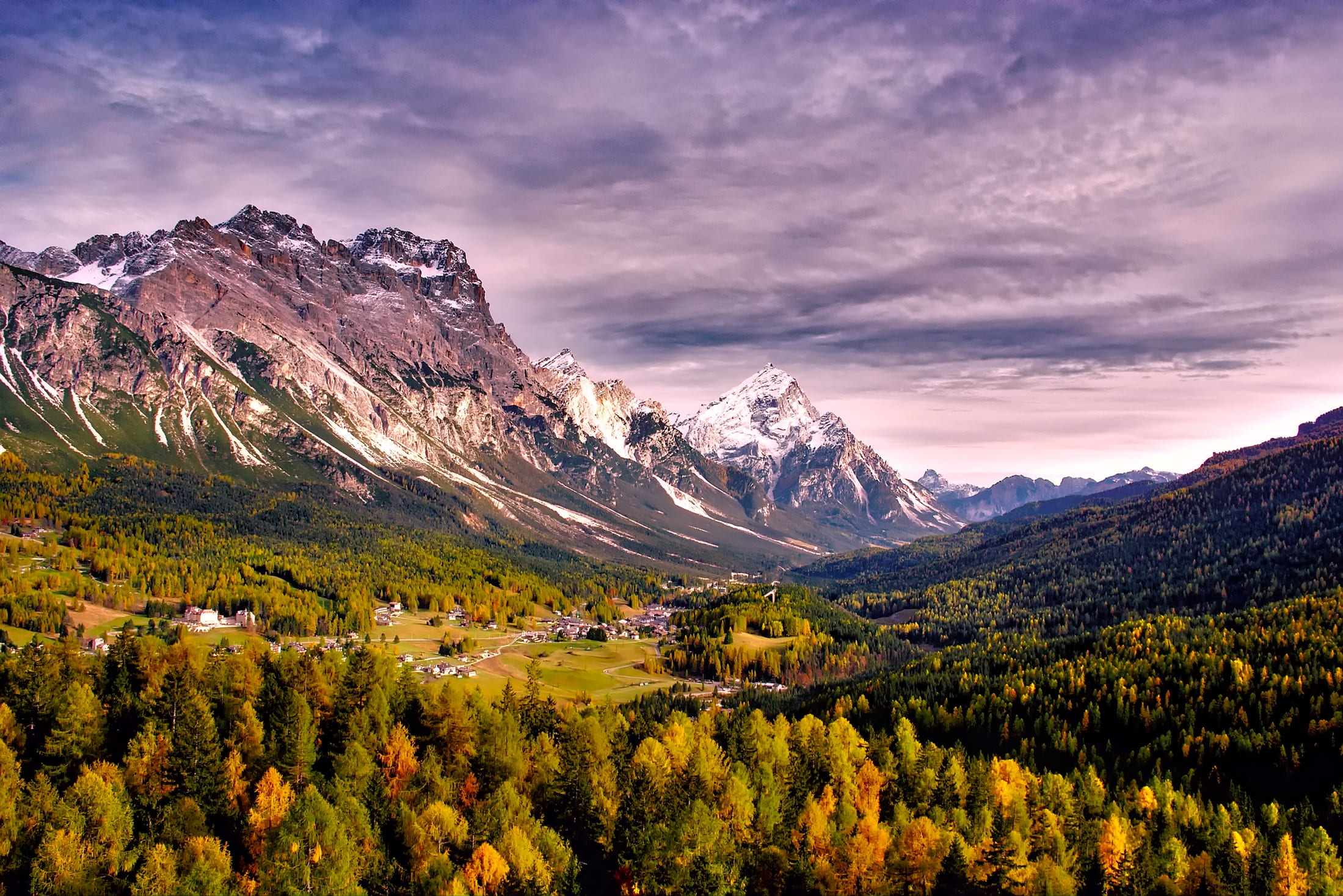 environment, tree, woods, mountain range, snowcapped mountain, winter, village, 1080P, cloud - sky, trees, beautiful, mountain, valley, clouds, mountain peak, HD Wallpaper