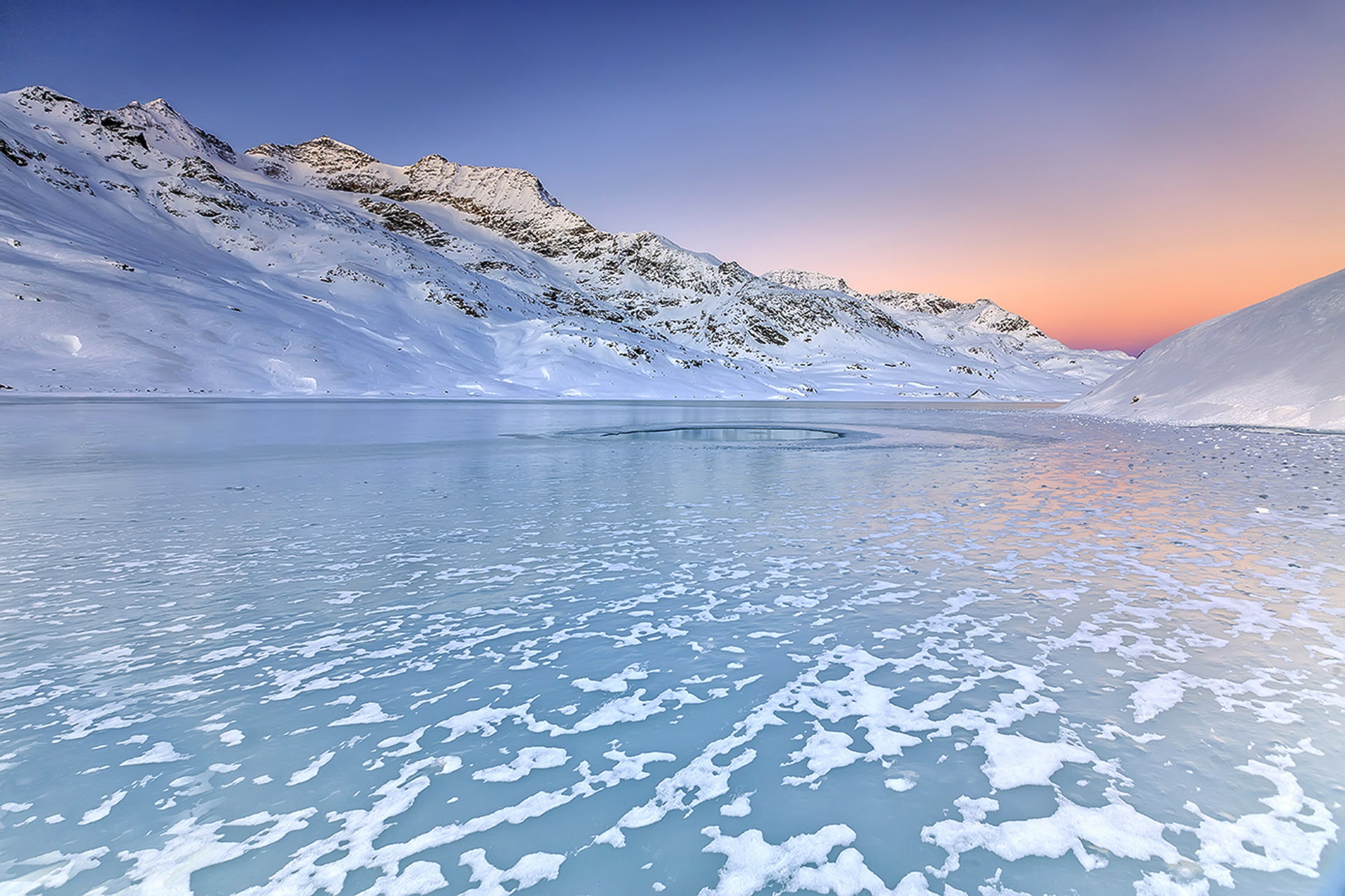 Cold, Inverno, Engadine, Bernina, 1080P, Winter, Sun, Alba, Sunrise, Ice, White, Water, Sky, Neve, Snow, Mountain, Lake, Switzerland, Passo, HD Wallpaper