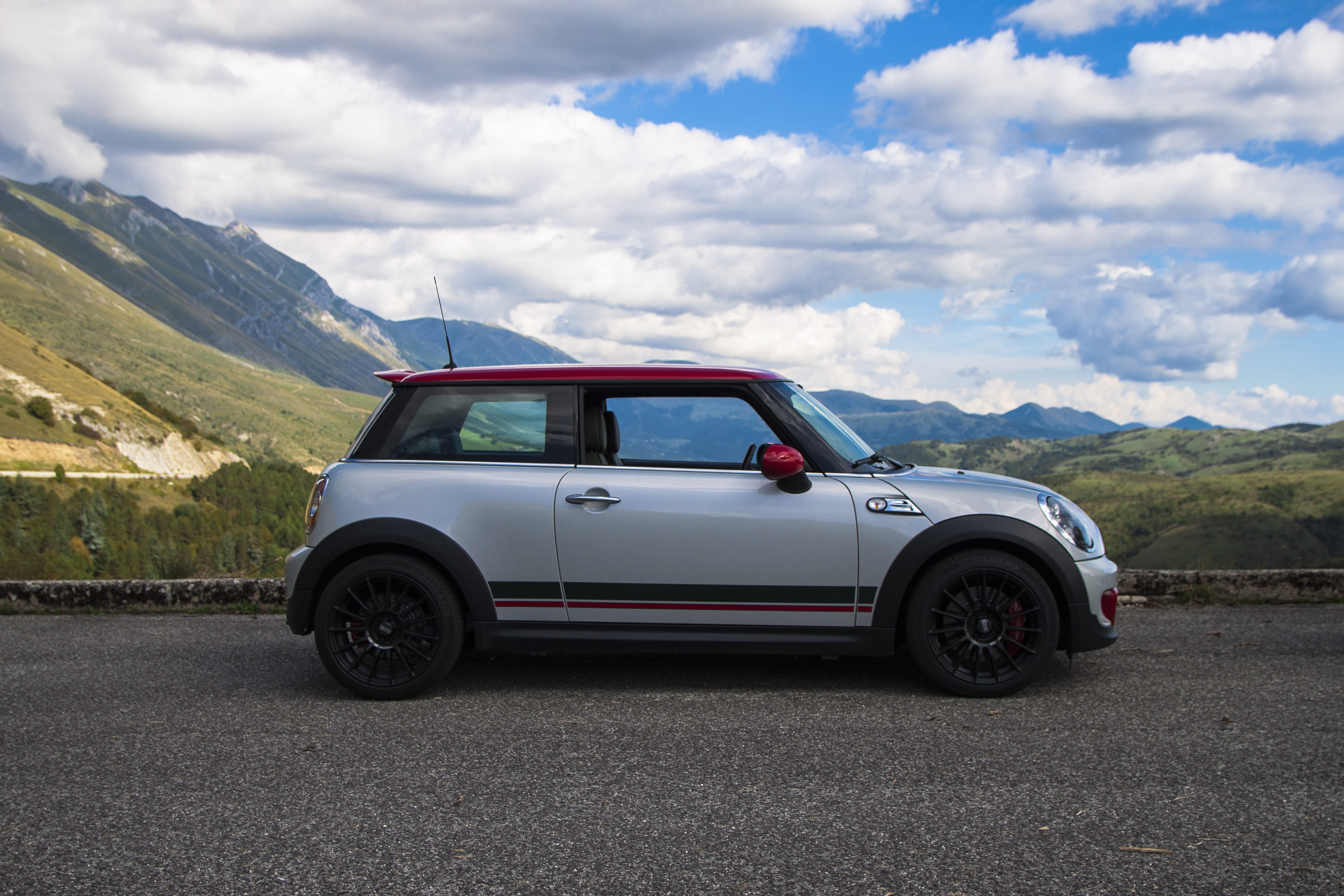 mode of transportation, road trip, road, cooper, italy, day, cloud - sky, mini, beauty in nature, environment, travel, landscape, passo delle capannelle, HD Wallpaper
