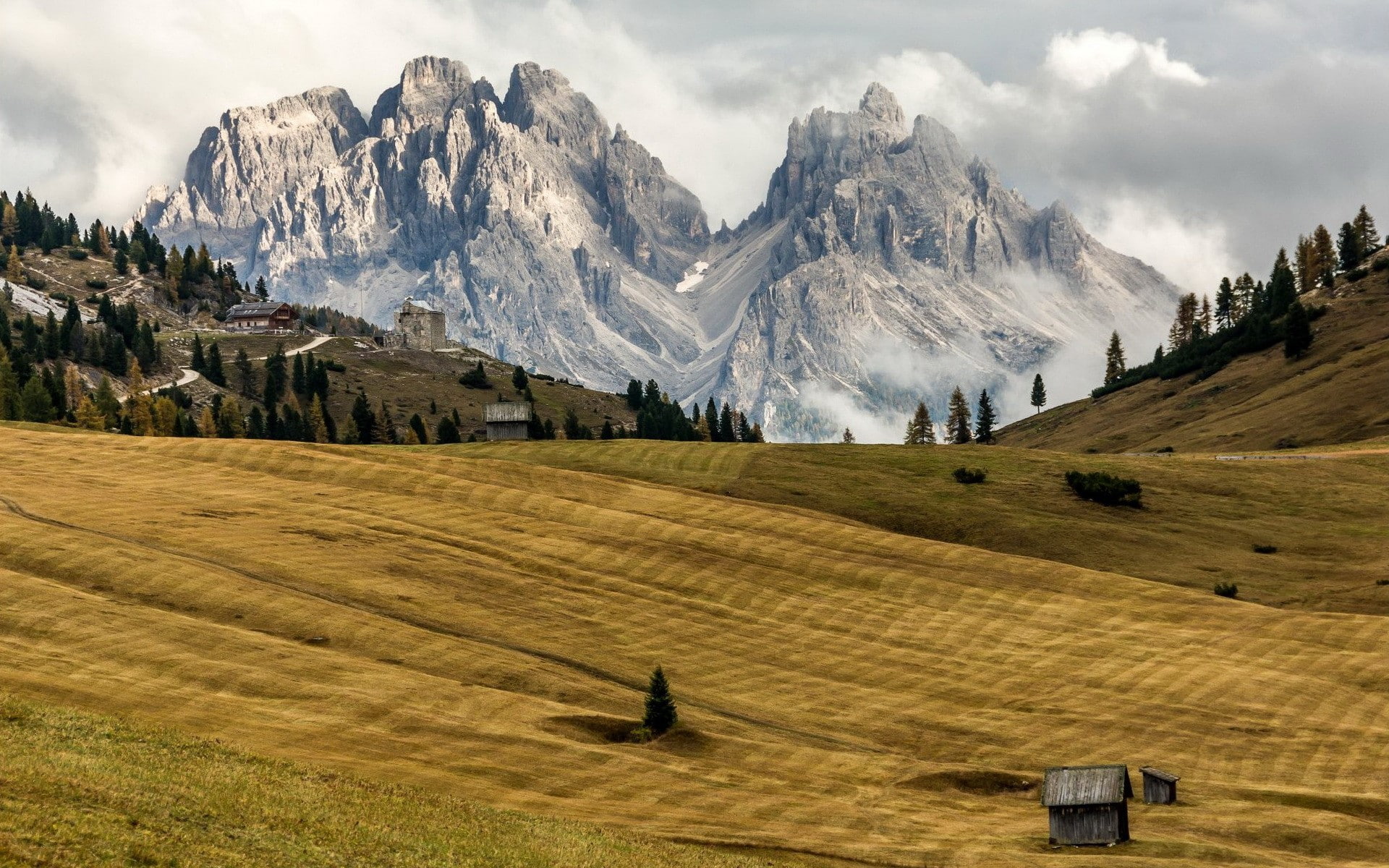 outdoors, mountain peak, cloud - sky, nature, field, Trentino-alto adige, South tyrol, 1080P, beauty in nature, landscape, idyllic, non-urban scene, formation, HD Wallpaper