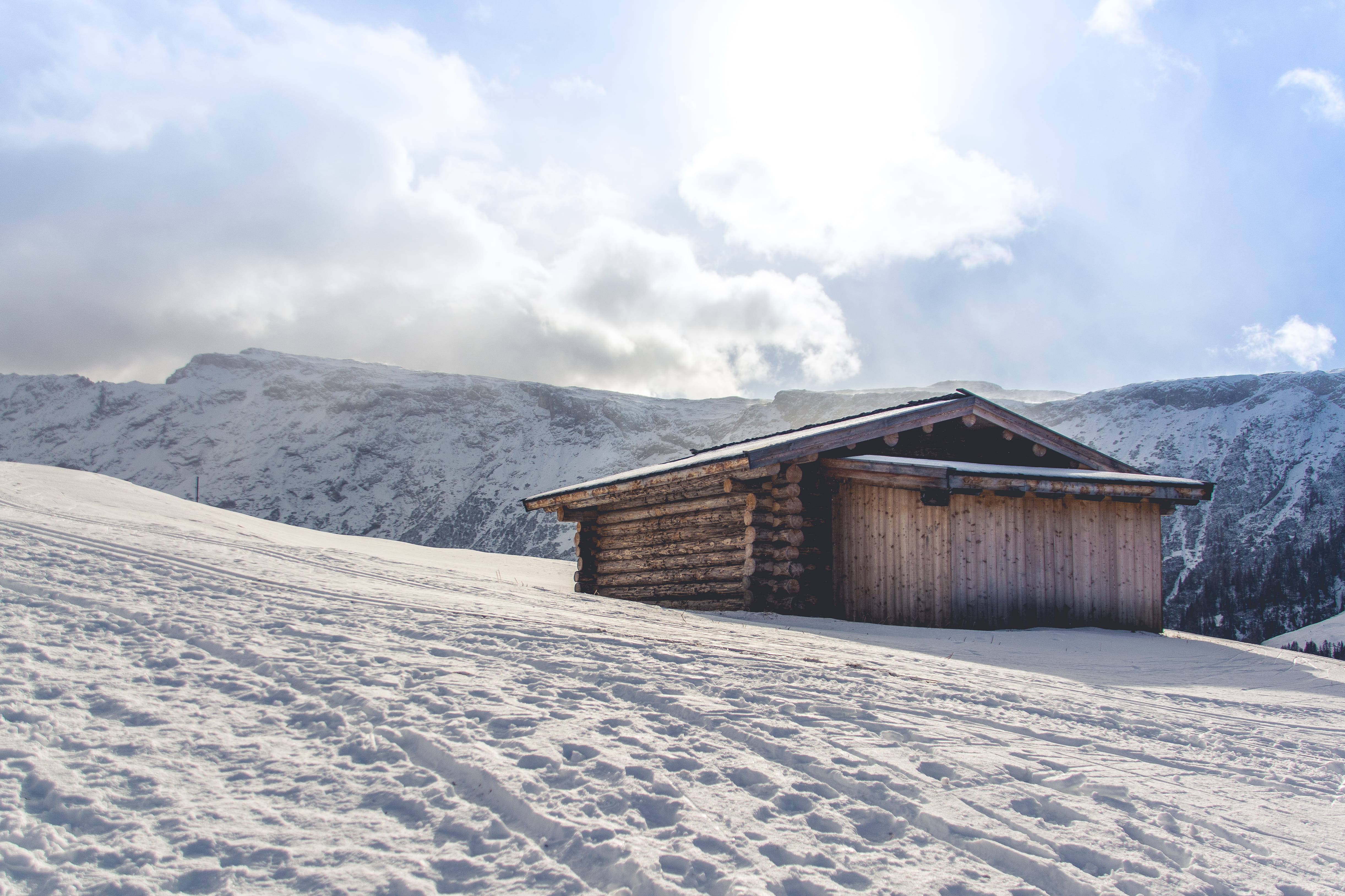 landscape, snow, day, powder snow, sunlight, trentino-alto adige/south tyrol, building exterior, cloud - sky, wood, built structure, cabin, beauty in nature, HD Wallpaper