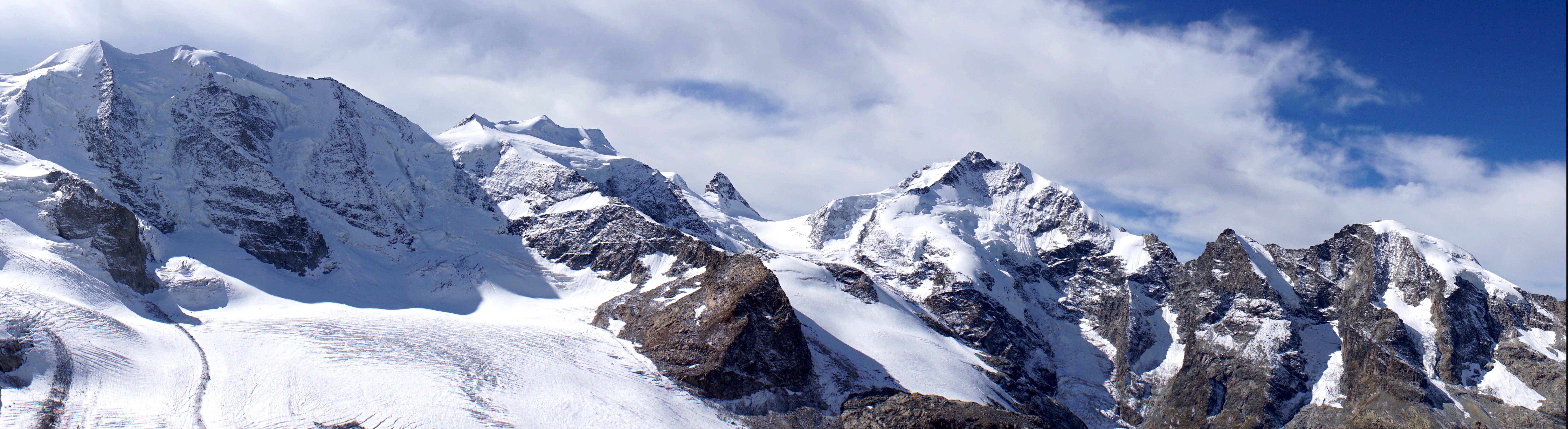 no people, mountain range, alpine, piz bernina, outlook, panorama, cold temperature, extreme terrain, snow, day, summit, glacier, vision, beauty in nature, HD Wallpaper