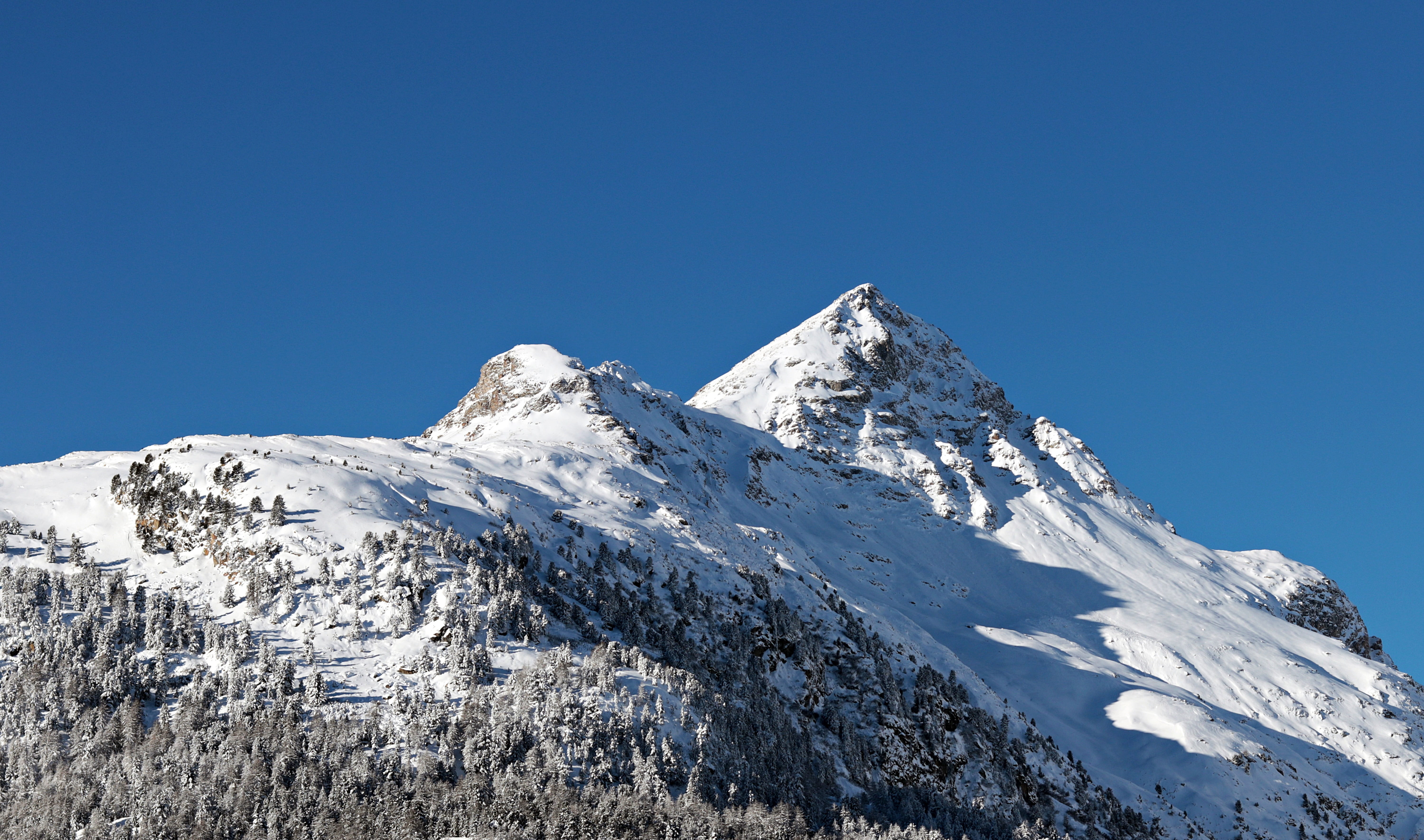 sky, mountain peak, winter, nature, snowy, piz polaschin, july pass, beauty in nature, outdoors, mountain, no people, clear sky, travel, snowcapped mountain, HD Wallpaper