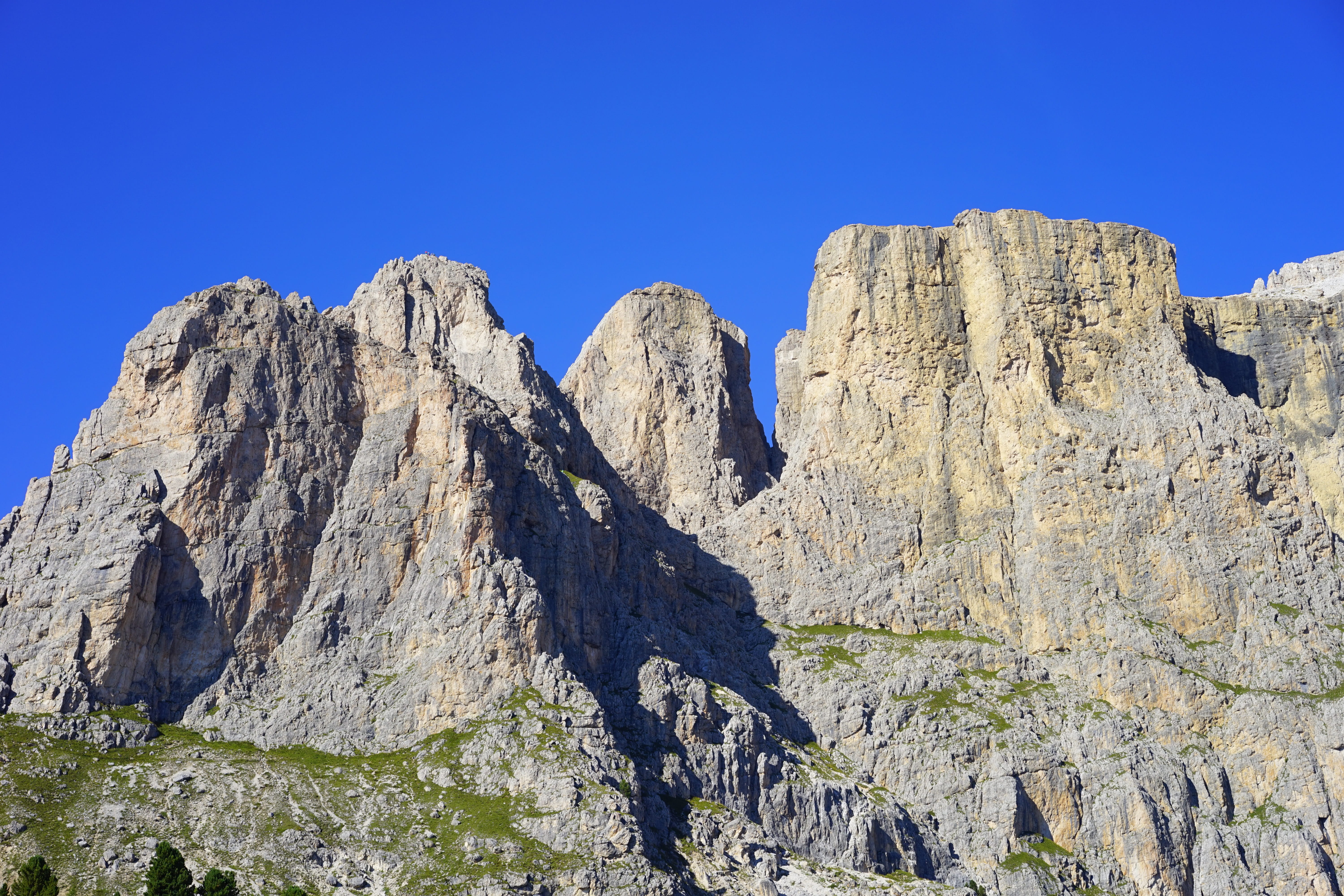 environment, 5K, land, the second sella tower, mountains, outdoors, rock - object, south tyrol, rock formation, solid, pine tree, sky, sellatuerme, dolomites, HD Wallpaper