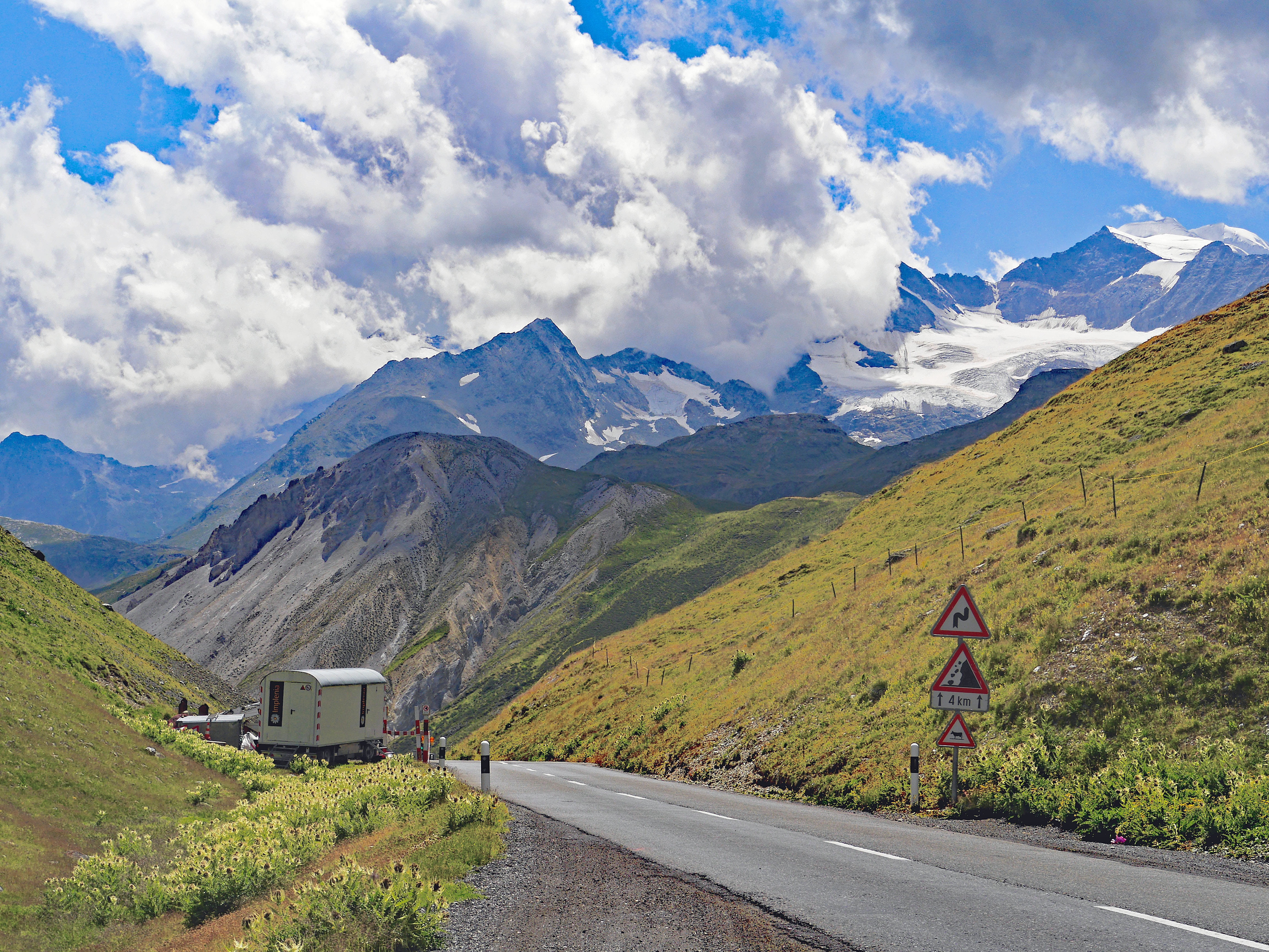 border crossing, view to bernina group, road, scenics - nature, tranquility, site, pass road, mountain range, outdoors, sign, southeast switzerland, nature, HD Wallpaper