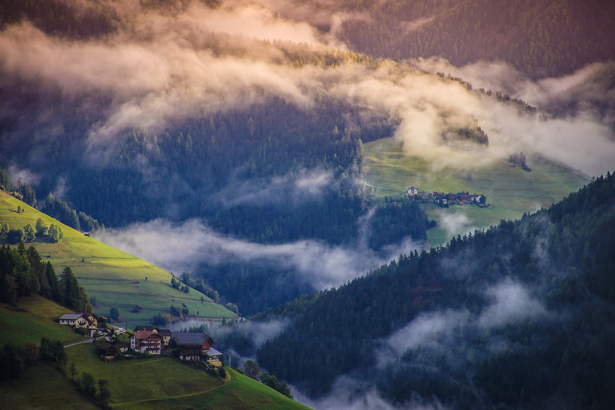 alps, marebbe, house, non-urban scene, sky, nature, mountain, tree, pliscia, no people, tranquil scene, rina, Fog, 1080P, church, val badia, show, grass, HD Wallpaper