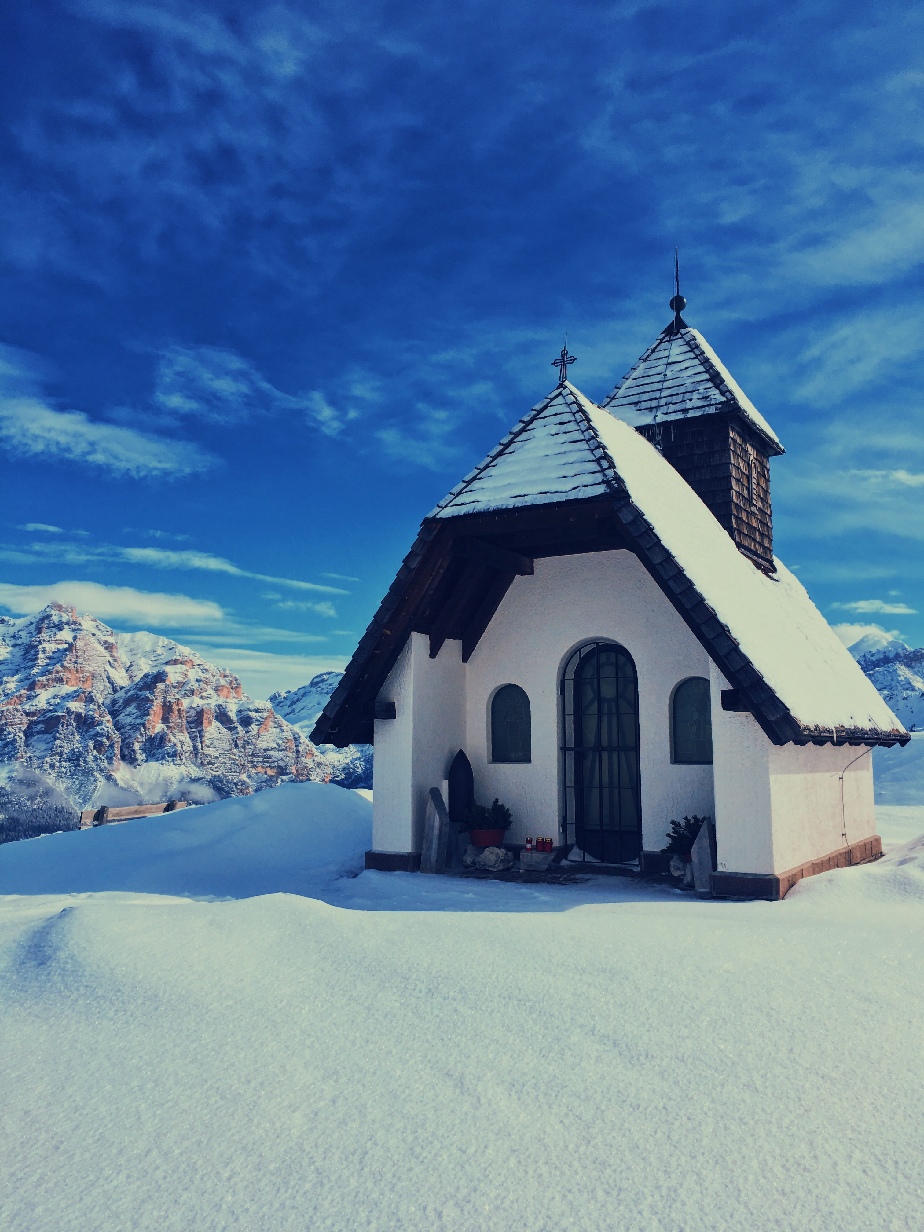 shelter, steeple, spire, building exterior, rural, helikopter service elikos, 4K, religion, snow, house, cloud - sky, belief, tower, blue, architecture, Phone HD Wallpaper