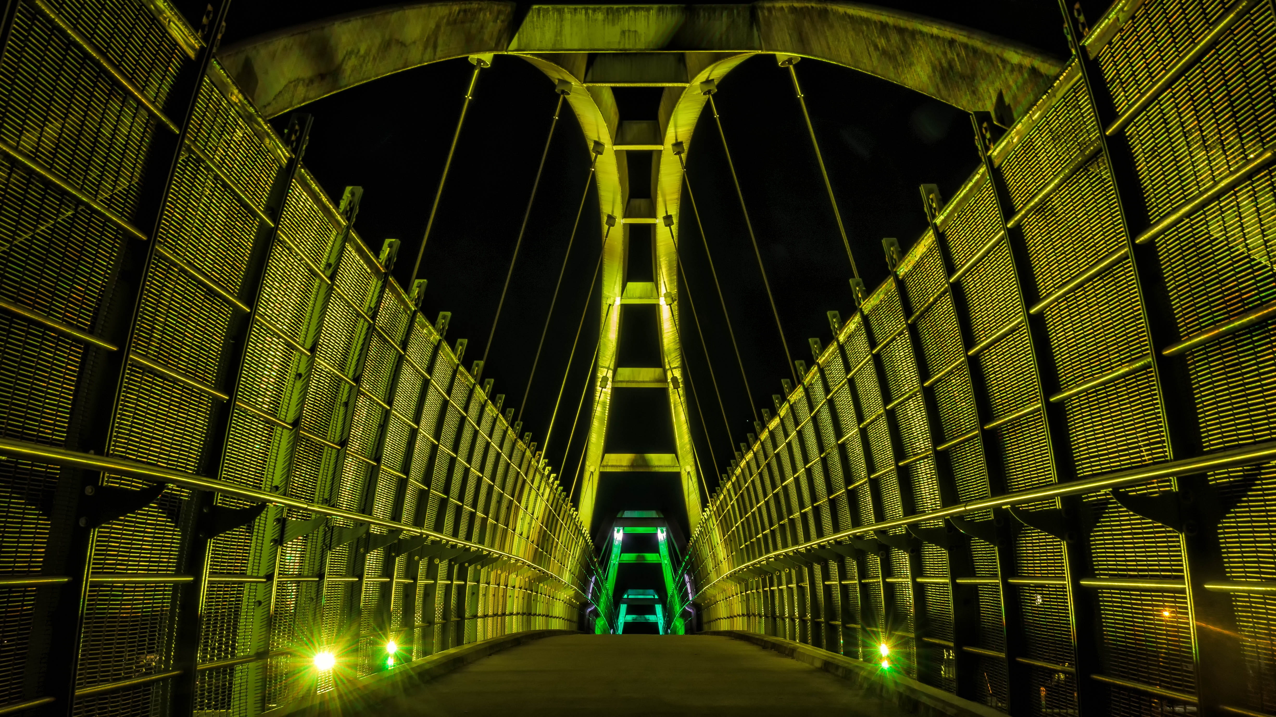 transportation system, vanishing point, direction, street, geometric, metal, bridge, glowing, low angle view, span, led, connection, leading lines, the way forward, HD Wallpaper
