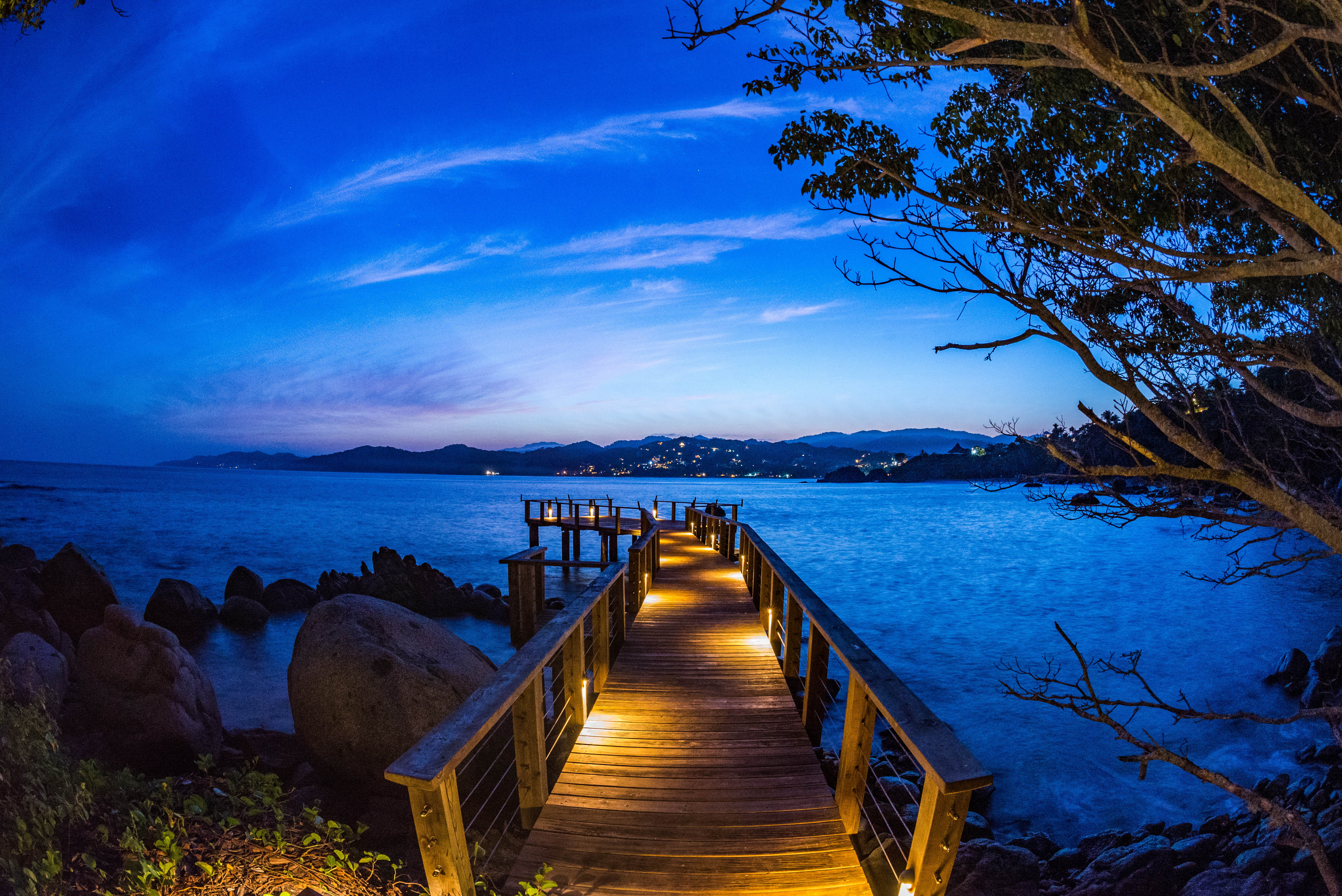 wooden, wood - material, beauty in nature, dock, tree, scenics - nature, sky, sea, direction, blue, deck, pier, no people, rock, nature, dusk, 5K, the way forward, HD Wallpaper
