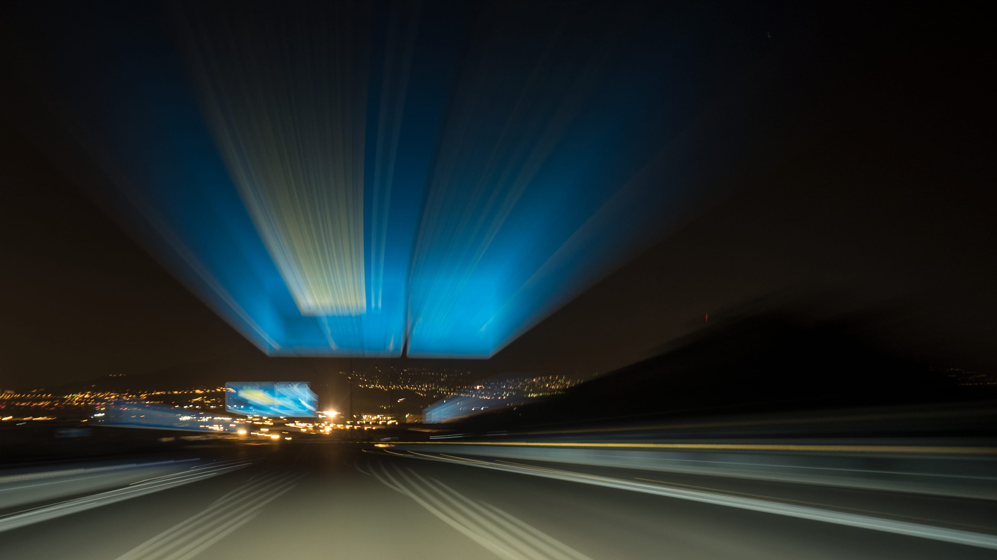 Vehicle, lane, the way forward, lines, city, Stelae, signals, long exposure, street, blue, stripes, mode of transportation, no people, Road, city life, HD Wallpaper