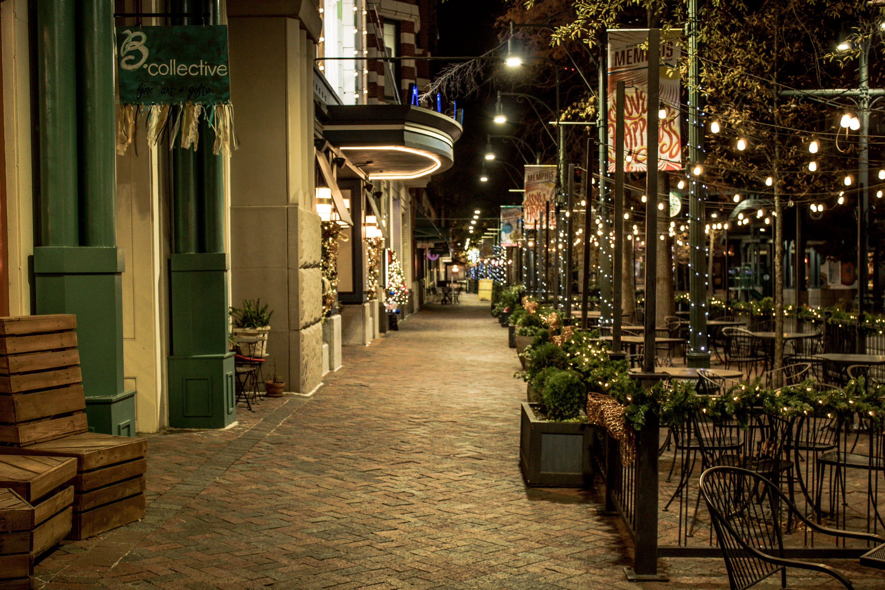 illuminated, lighting equipment, alley, leading lines, electric lamp, tennessee, empty, city, night, memphis, chair, decoration, outdoor, downtown, street, HD Wallpaper