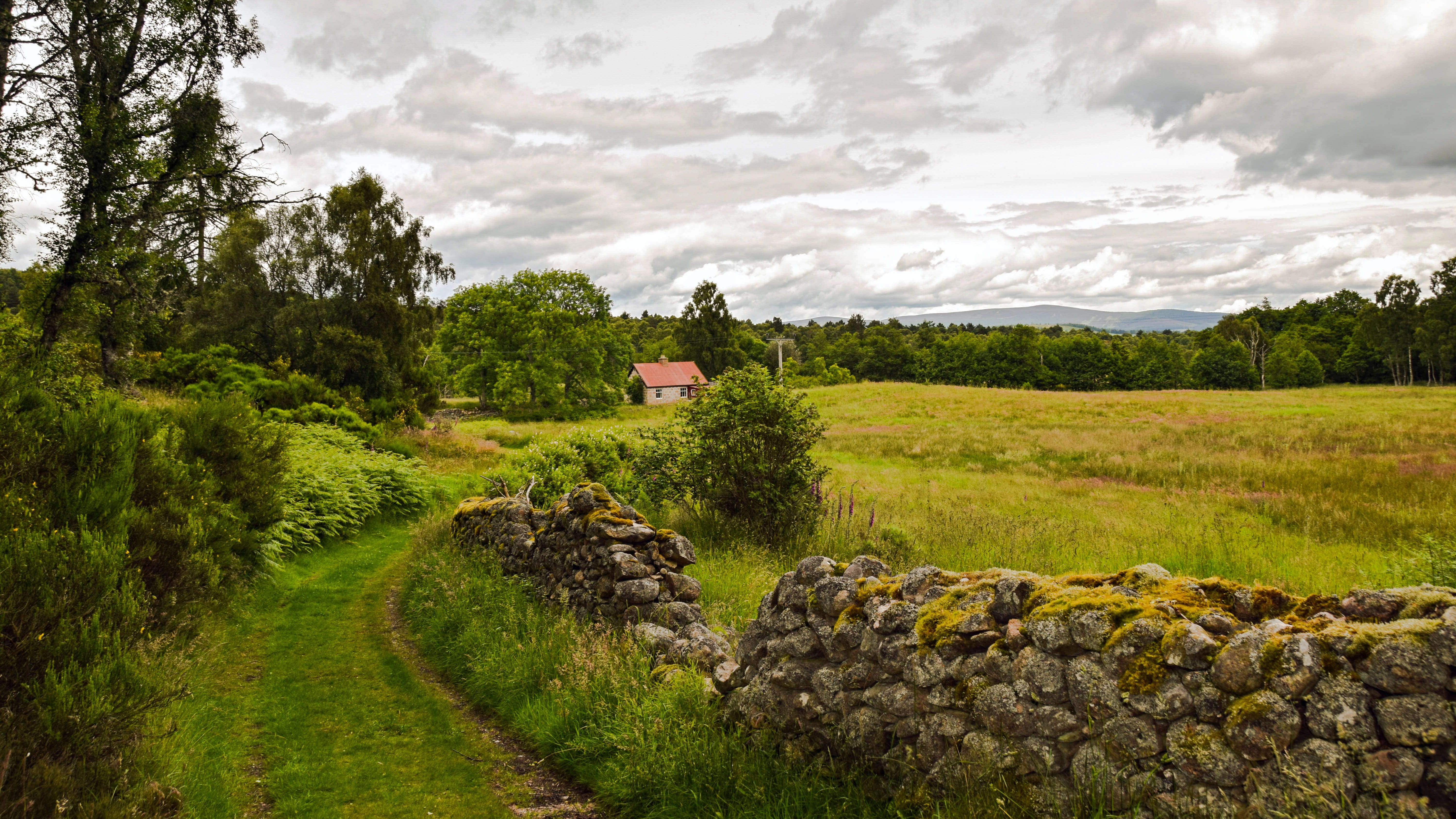 clouds, non-Urban Scene, atmospheric, tranquility, field, mystical, house, stone wall, england, aberdeenshire, near, 5K, scotland, tranquil scene, tree, HD Wallpaper