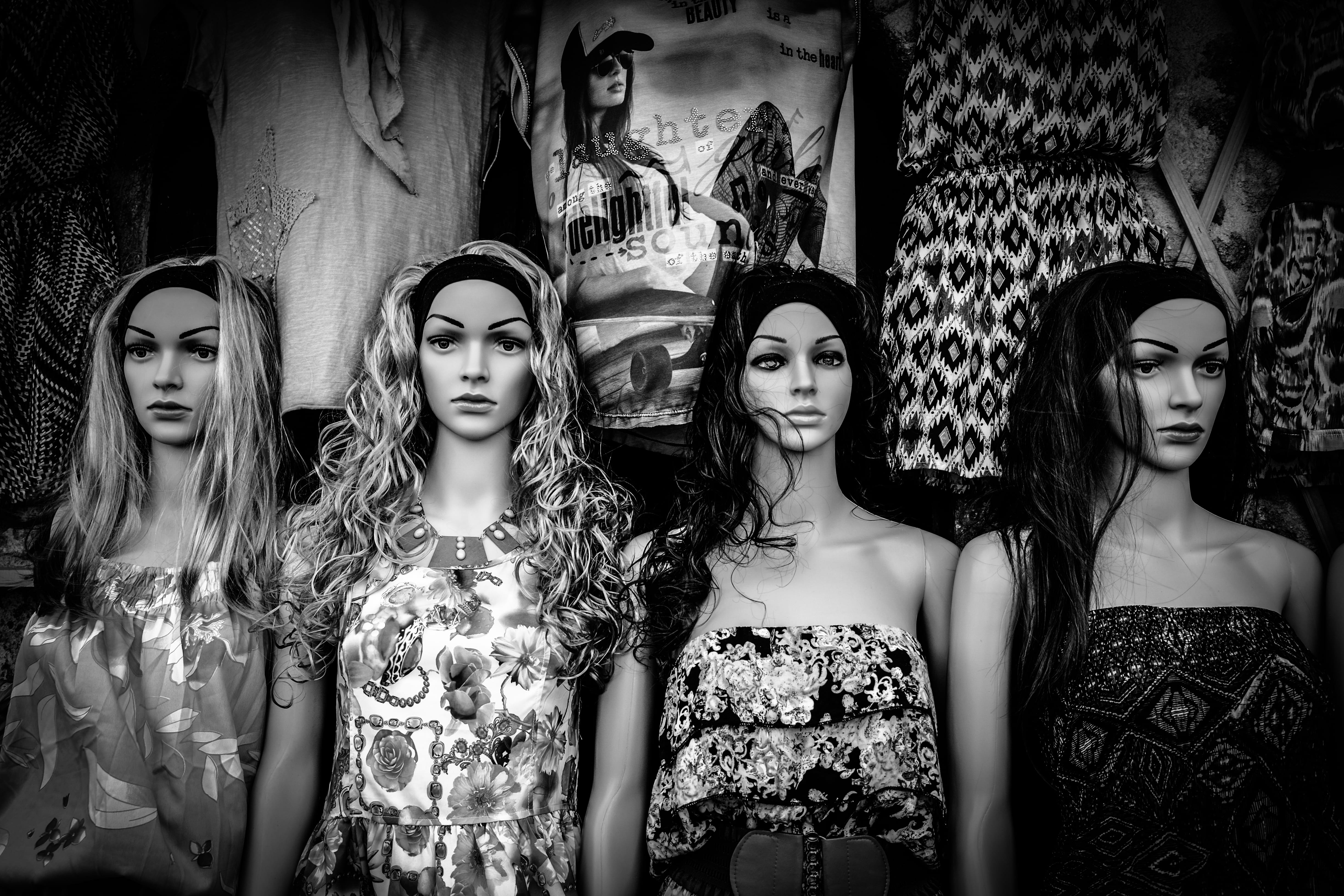 4K, group of people, young adult, real people, black-and-white, teenager, clothing, s, fashion, hairstyle, dress, side by side, mannequins, human representation, HD Wallpaper