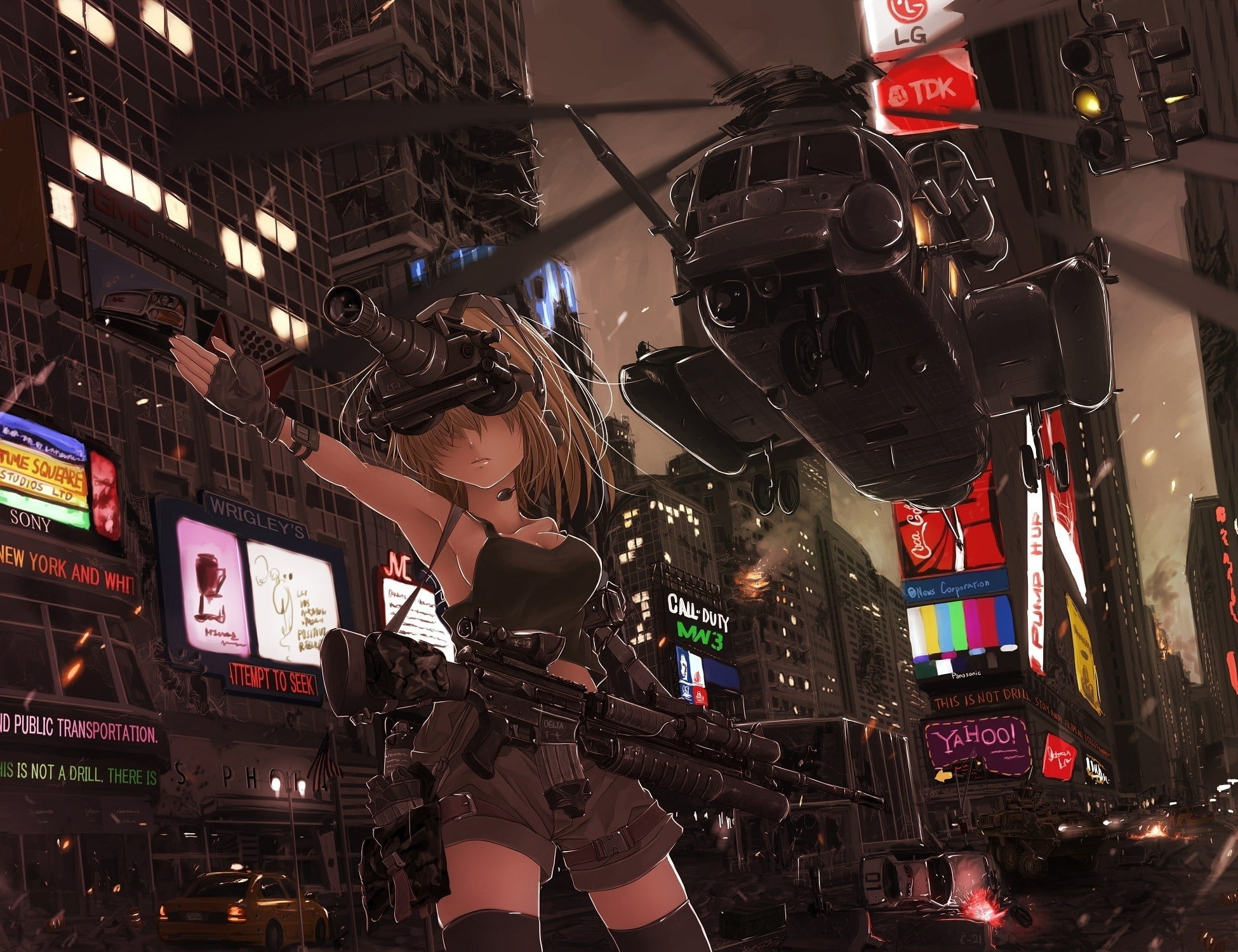 low angle view, Coca-Cola, illuminated, tank, technology, taxi, thigh-highs, three quarter length, artwork, original characters, Panasonic, 1080P, lifestyles, HD Wallpaper