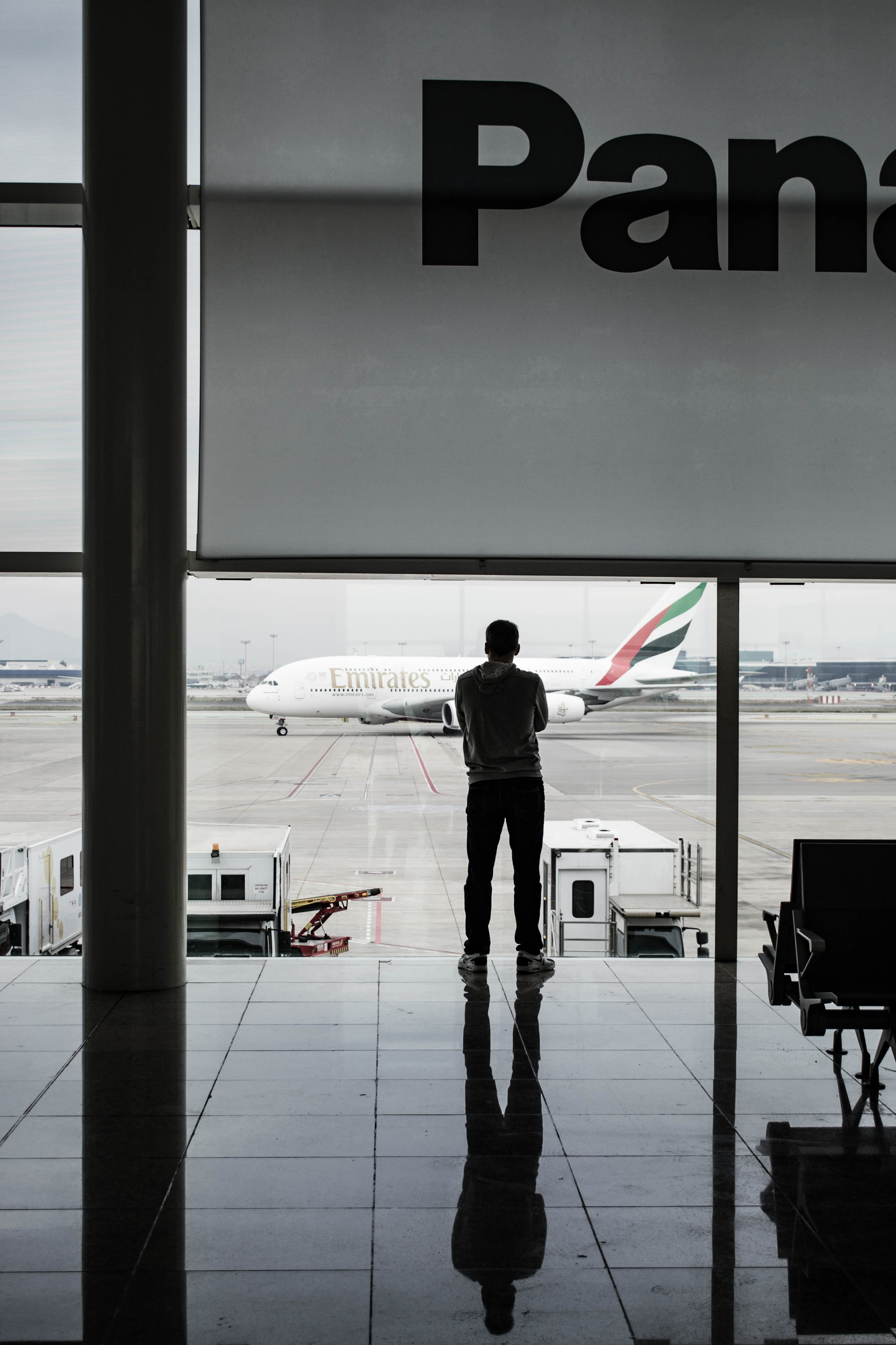 airport departure area, white, rear view, emirates, fly, lifestyles, port, facing, airplane, panasonic, airport terminal, mode of transportation, full length, Phone HD Wallpaper