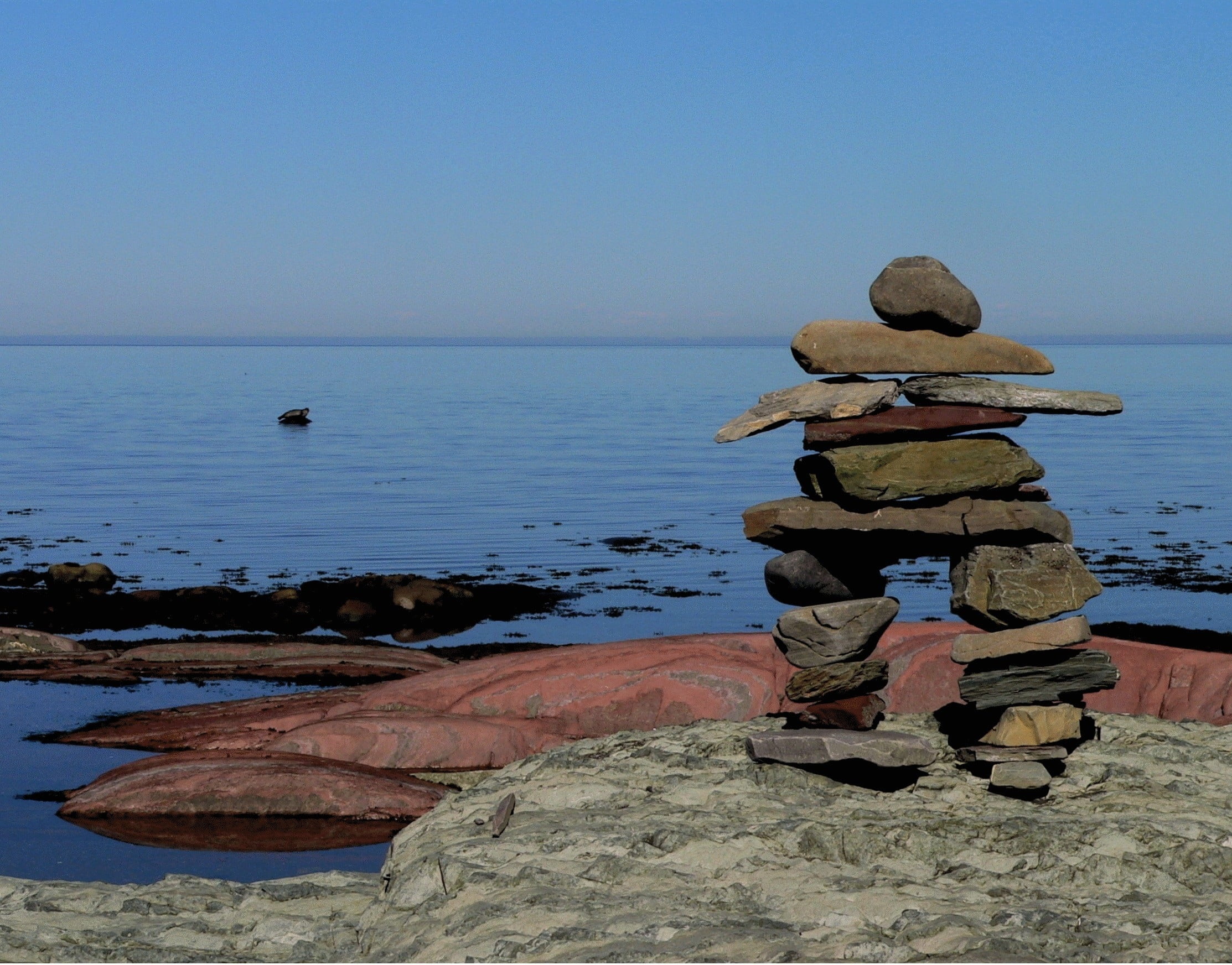 canada, nature, one person, maritime, roche, water, 1080P, coastline, full length, sitting, land, horizon over water, stones, calm, symbol, clear sky, HD Wallpaper