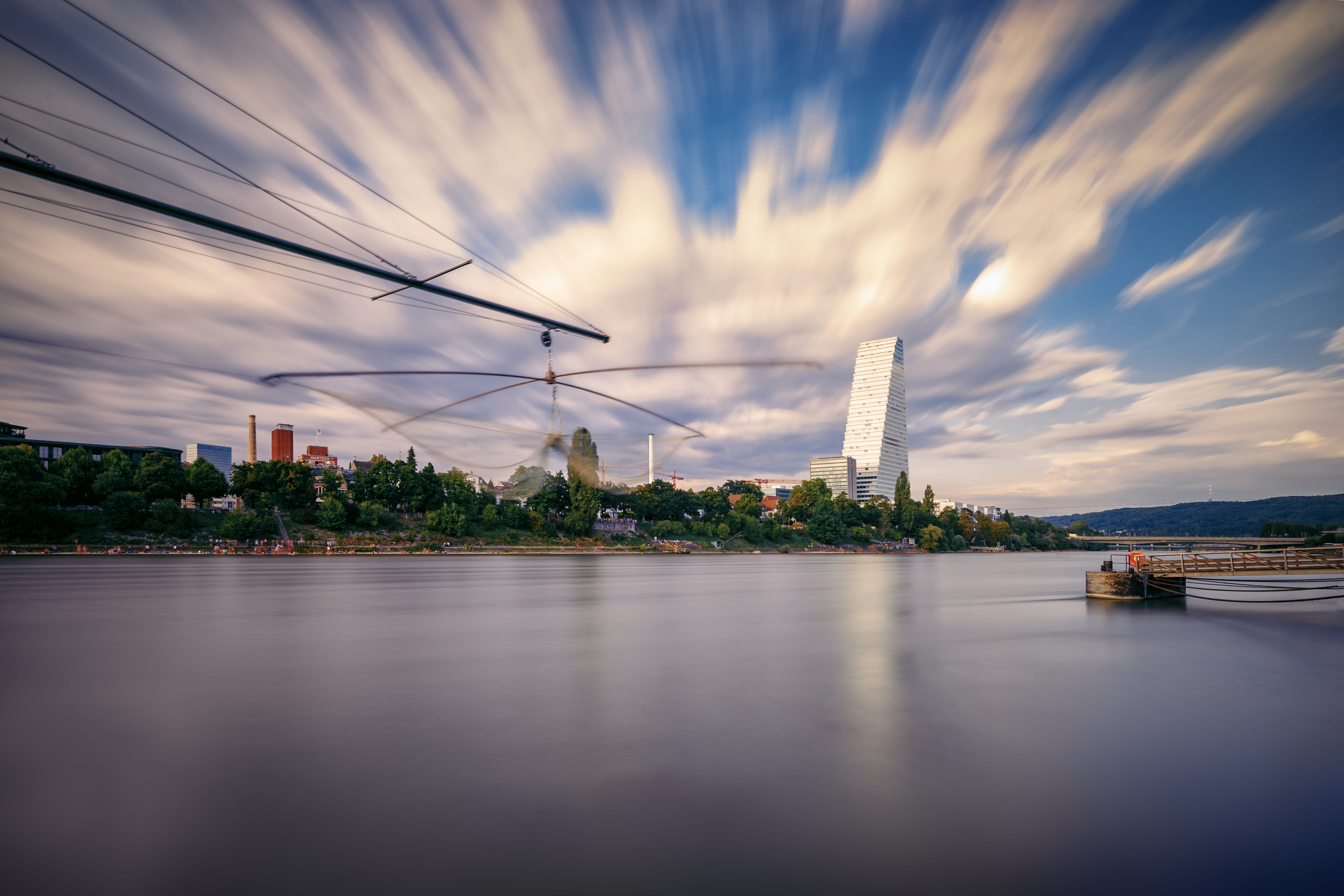 waterfront, 5K, tower, no people, long exposure, sky, water, rhine, day, cloud - sky, building exterior, outdoors, architecture, nature, city, basel, reflection, HD Wallpaper