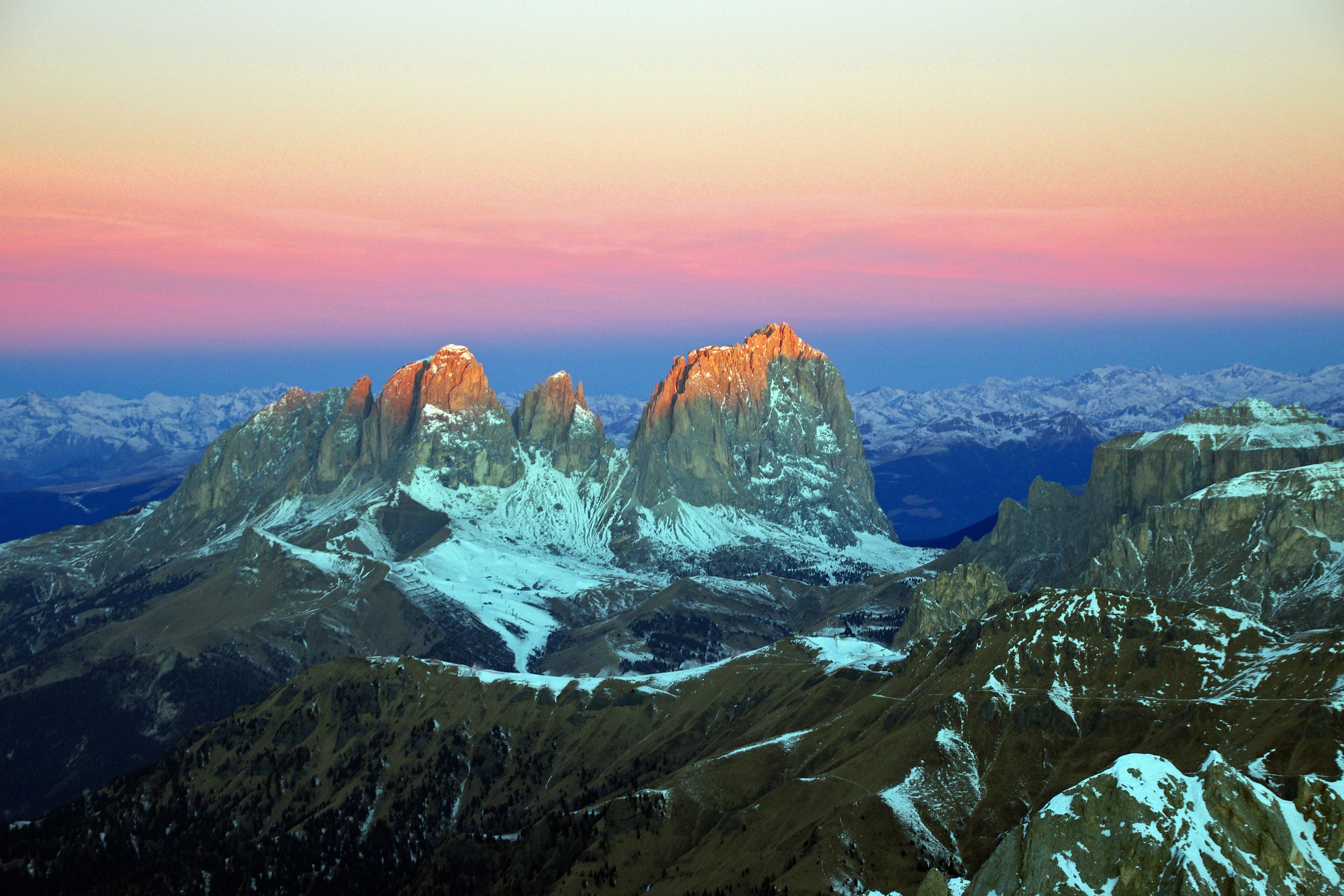 no people, 2K, dolomites, formation, rosa, outdoors, sunrise from marmolada, italy, white, val gardena, dawn, cold temperature, snow, beauty in nature, HD Wallpaper
