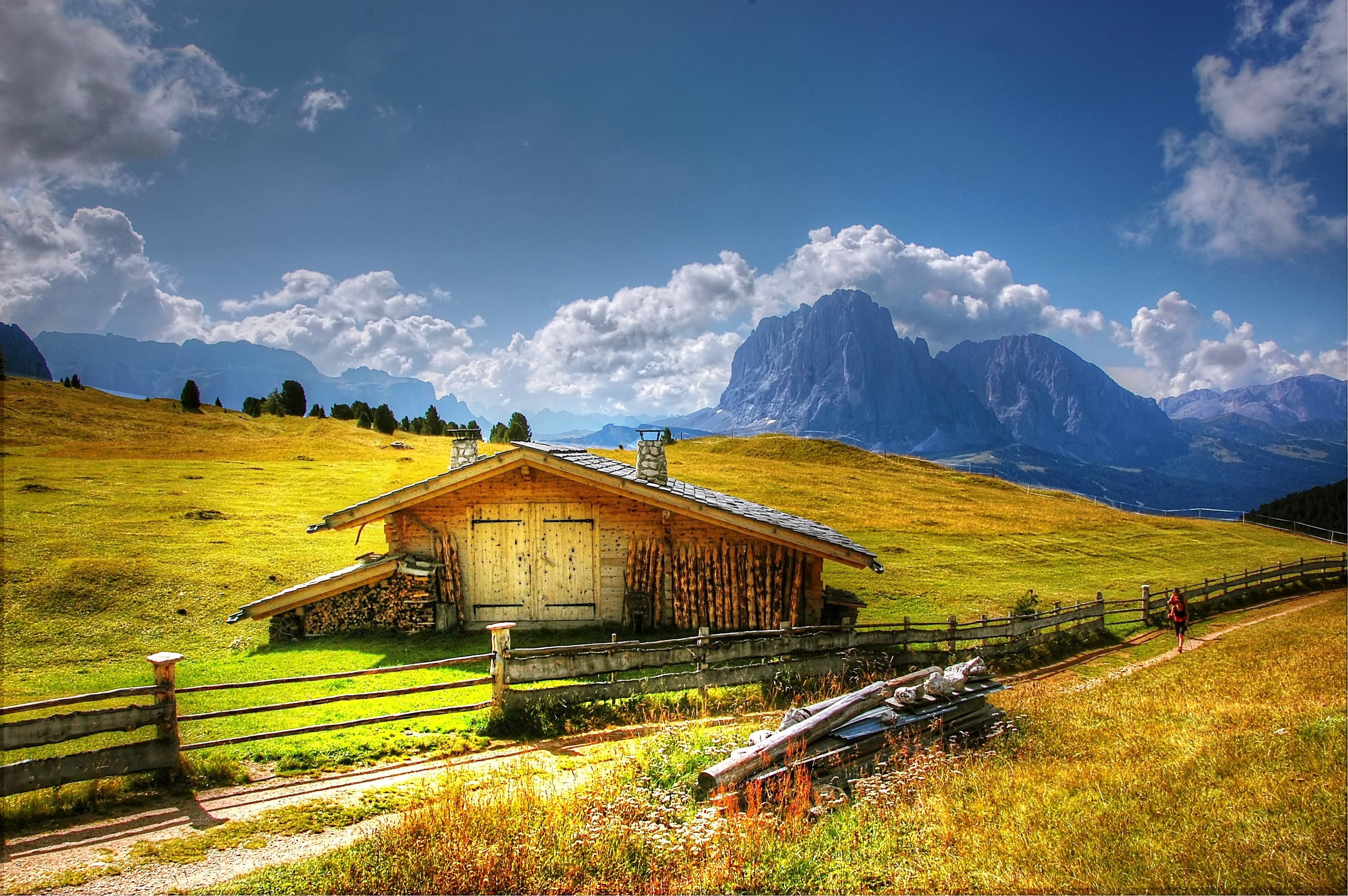 clouds, landscape, no people, plattkofel, dolomites, non-urban scene, building exterior, scenics, alpine, sun, mountain, mountains, plant, hut, grass, hill, HD Wallpaper
