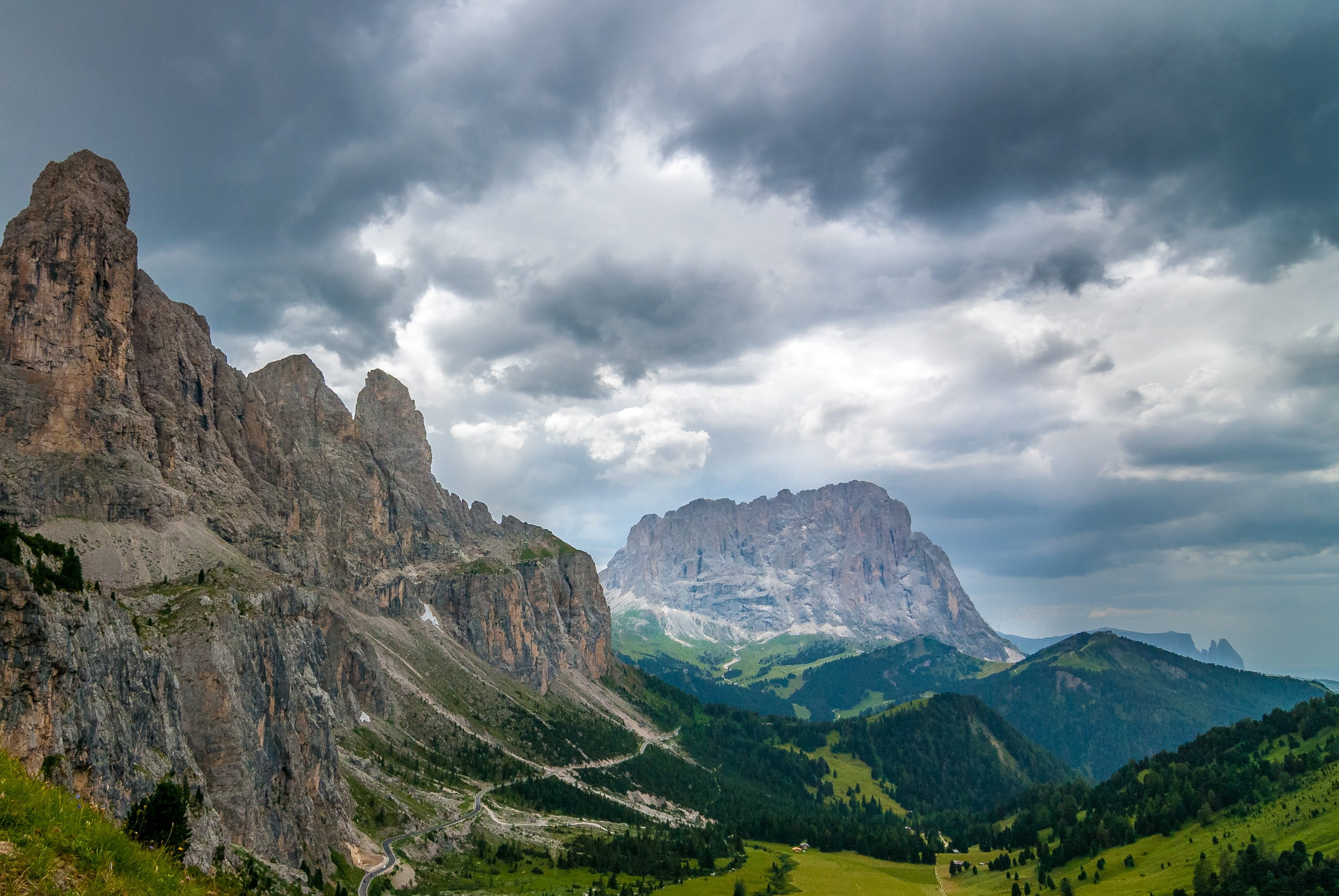 rock wall, val gardena, view, mountain range, sella group, south tyrol, scenics - nature, travel destinations, overcast, sky, tranquil scene, cloud - sky, HD Wallpaper