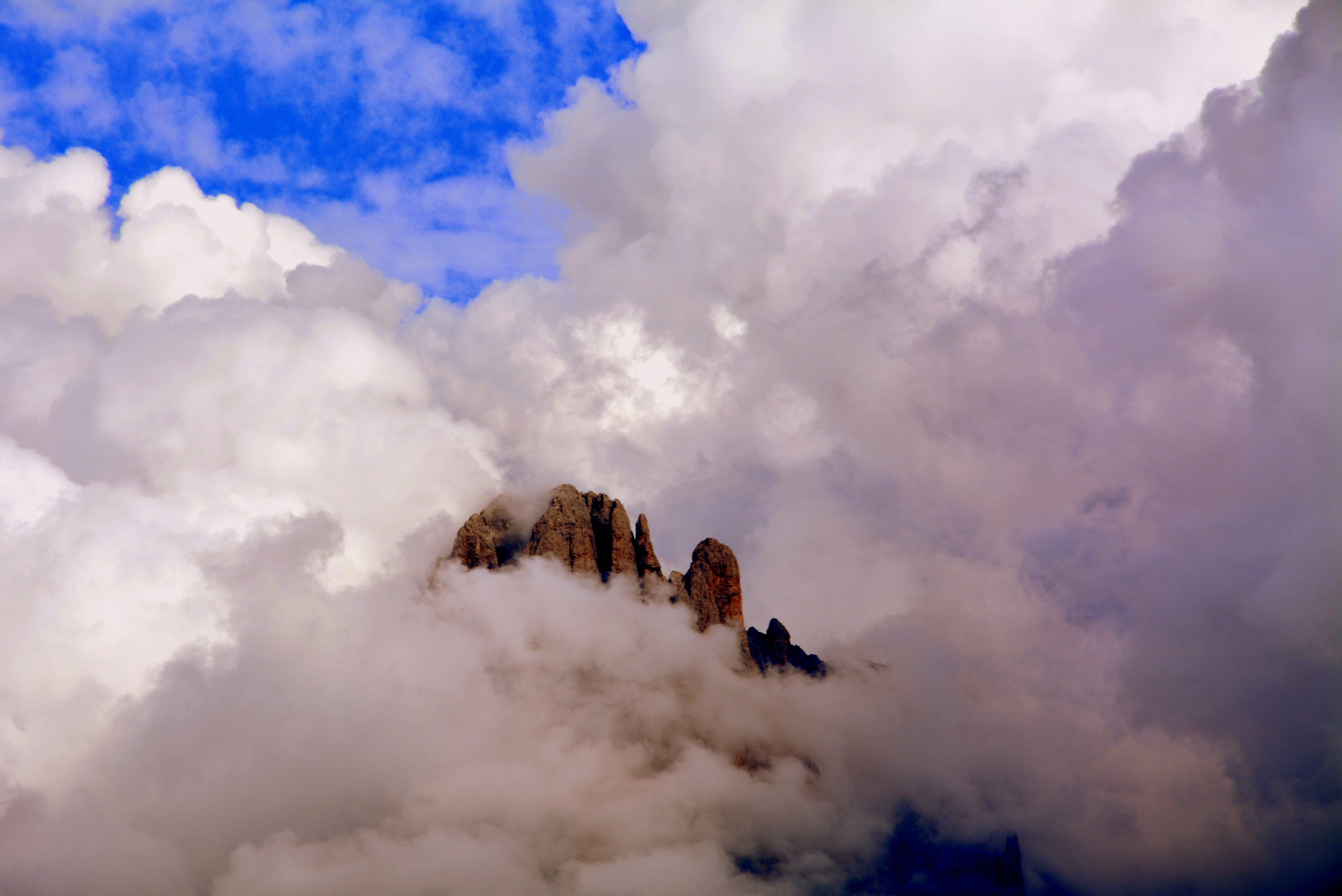 tranquility, clouds, summit, tranquil scene, 5K, cloudscape, outdoors, travel destinations, dolomites, non-urban scene, awe, day, fog, sassolungo, scenics - nature, HD Wallpaper
