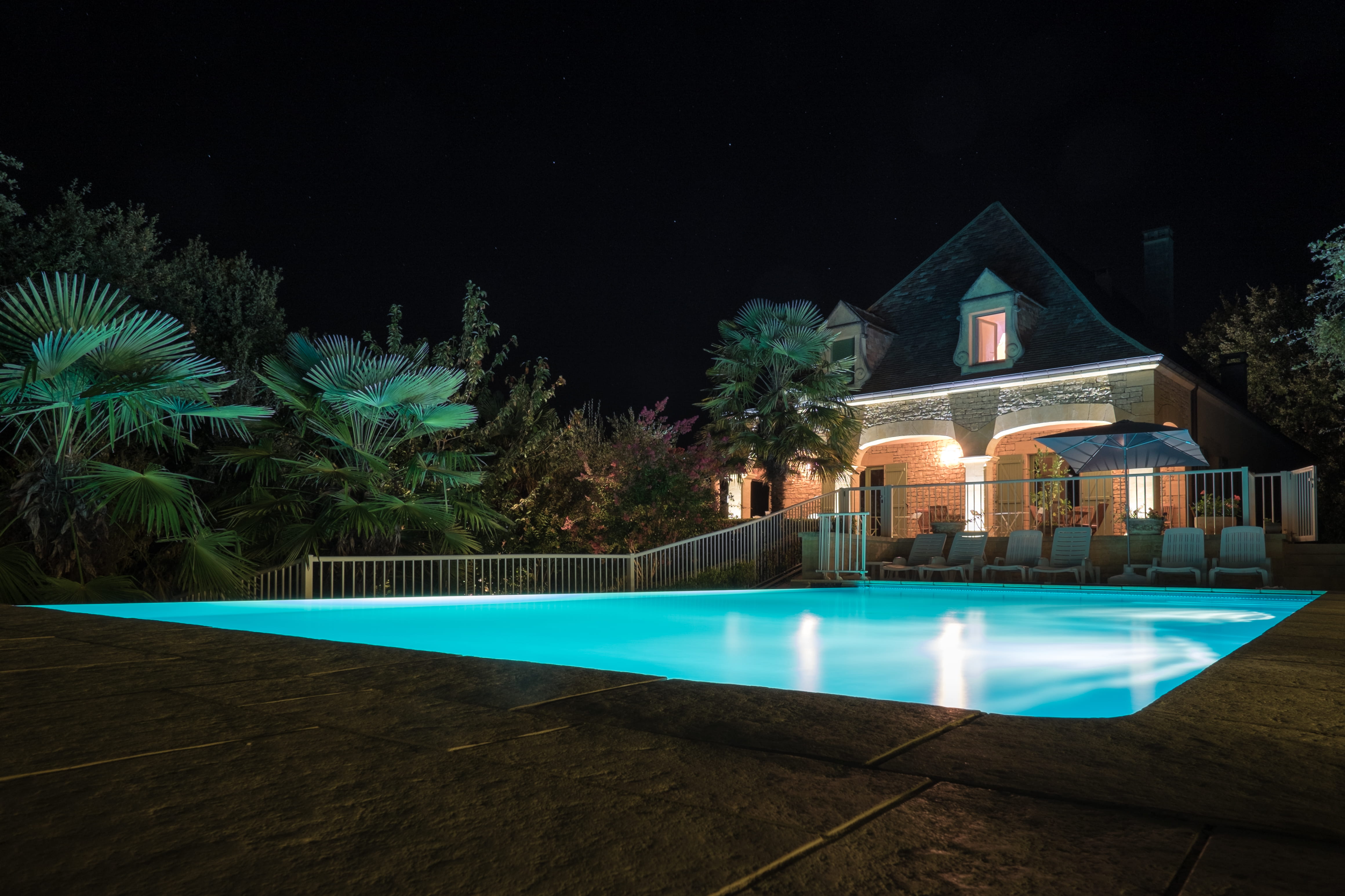 palm tree, pool, building exterior, poolside, france, plant, wealth, architecture, villa, outdoors, building, nature, built structure, tourist resort, night, HD Wallpaper