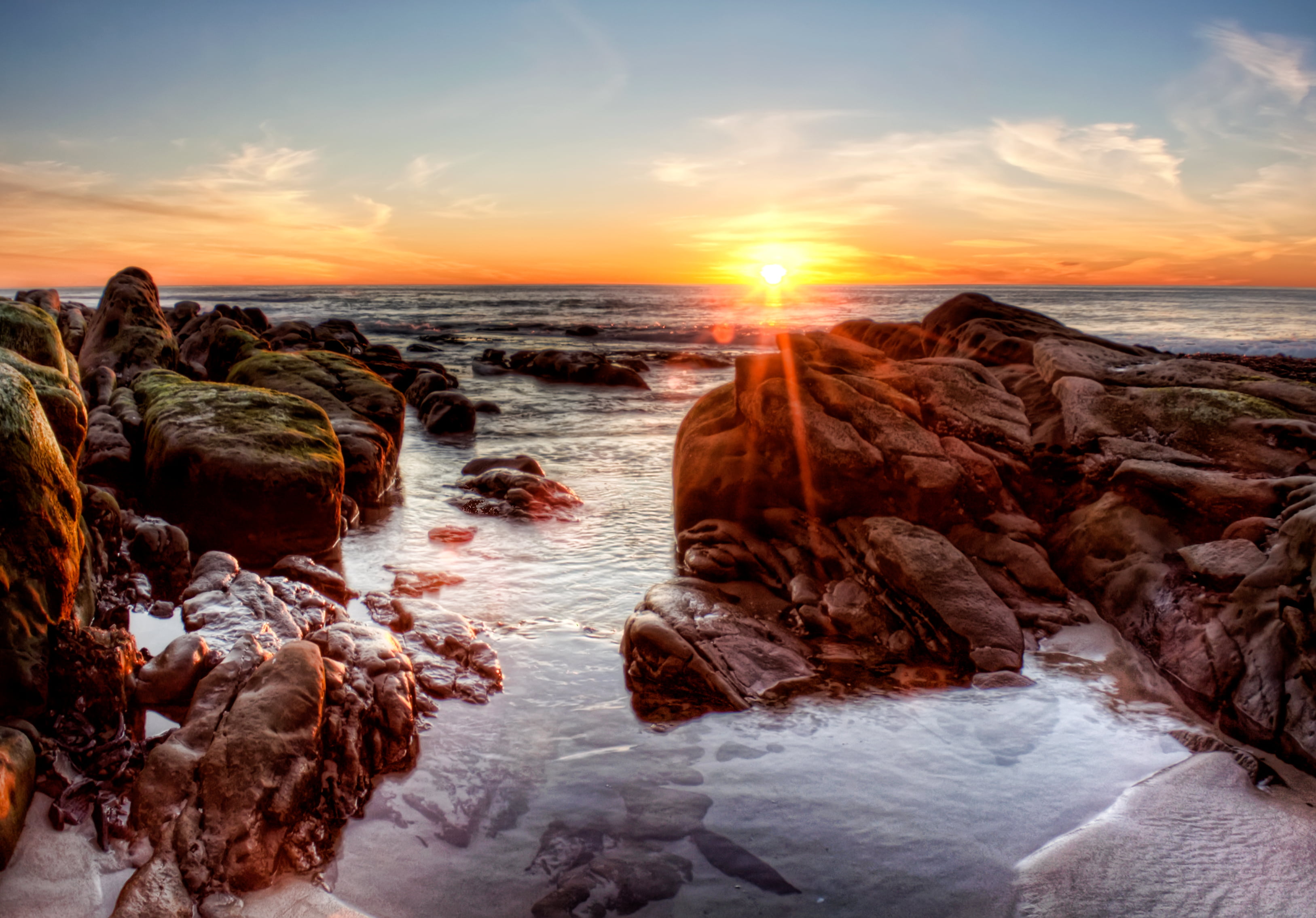sky, dawn, seashore, rock - Object, scenics, Sand, nature, coastline, San Diego, wave, La Jolla, beside, Sunset  California, Beach, rock, landscape, brown, HD Wallpaper