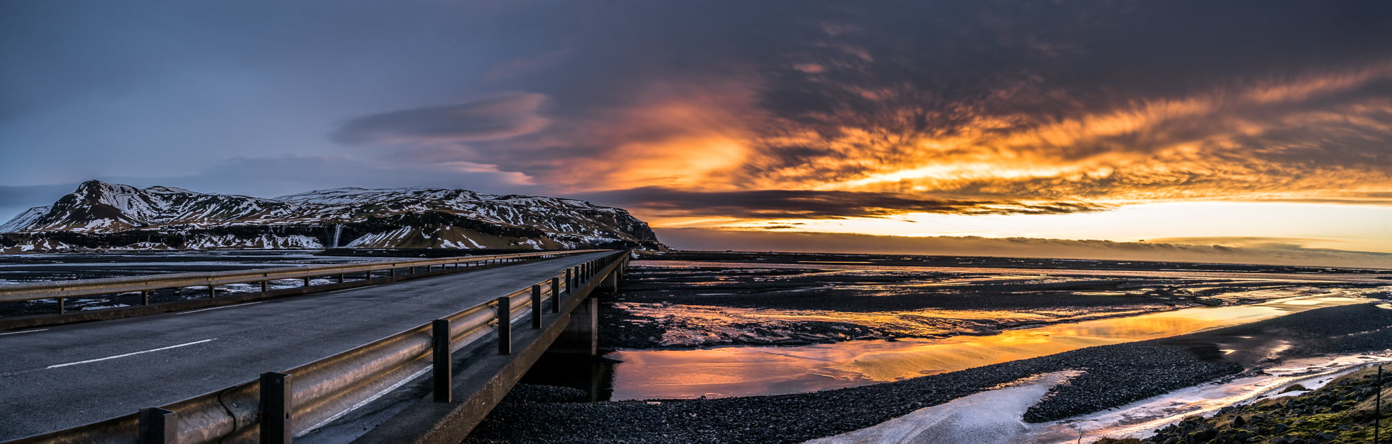 hour, golden, nature, snow, clouds, bridge, water, river, gray, sea, Markarfljot, 1080P, sky  europe, sunset, geotagged, travel, landscape, outdoor, road, HD Wallpaper