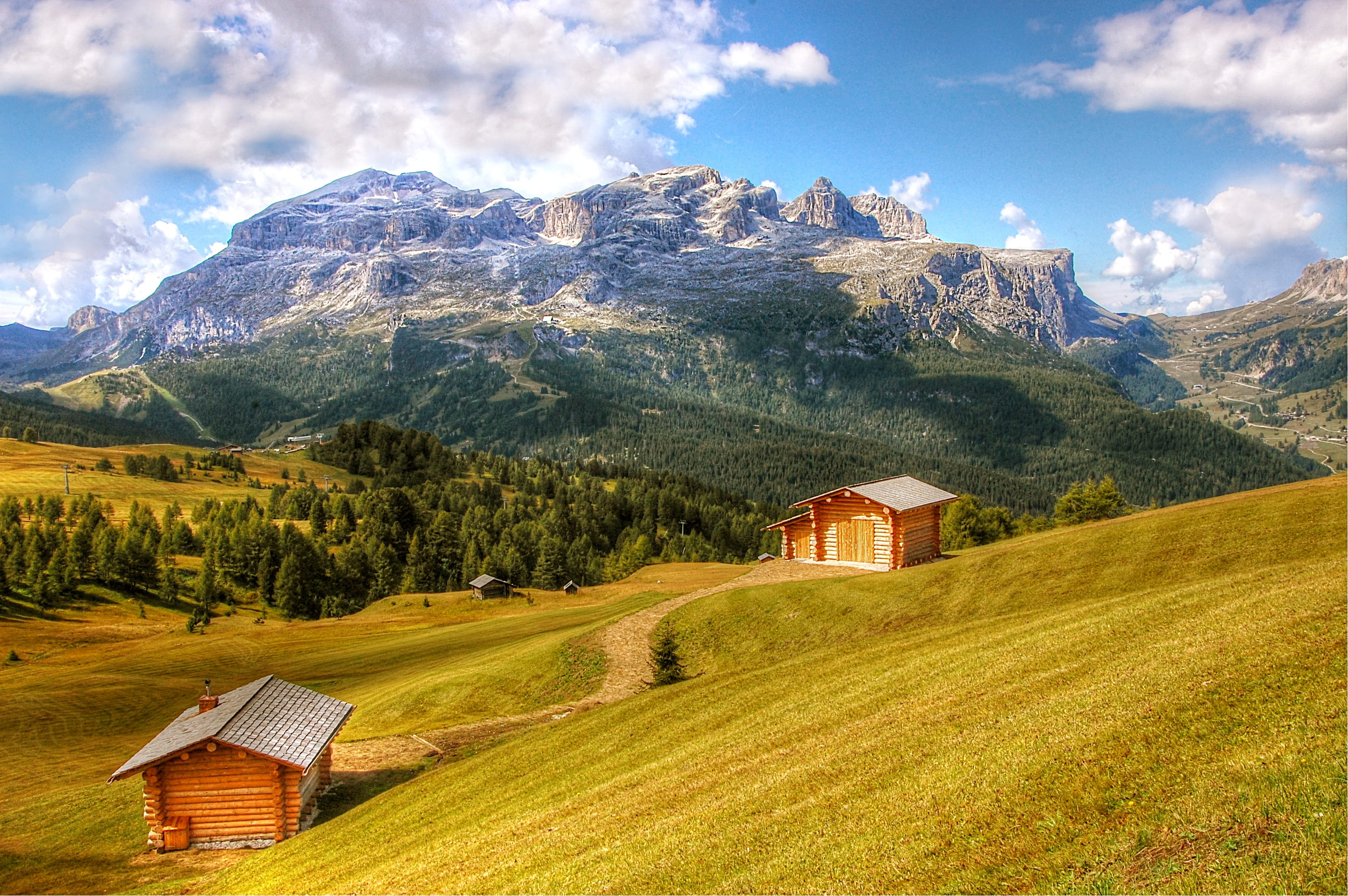 built structure, architecture, nature, tree, land, blue, beauty in nature, springtime, plant, mountain landscape, building, view, 2K, pralongia, grass, HD Wallpaper