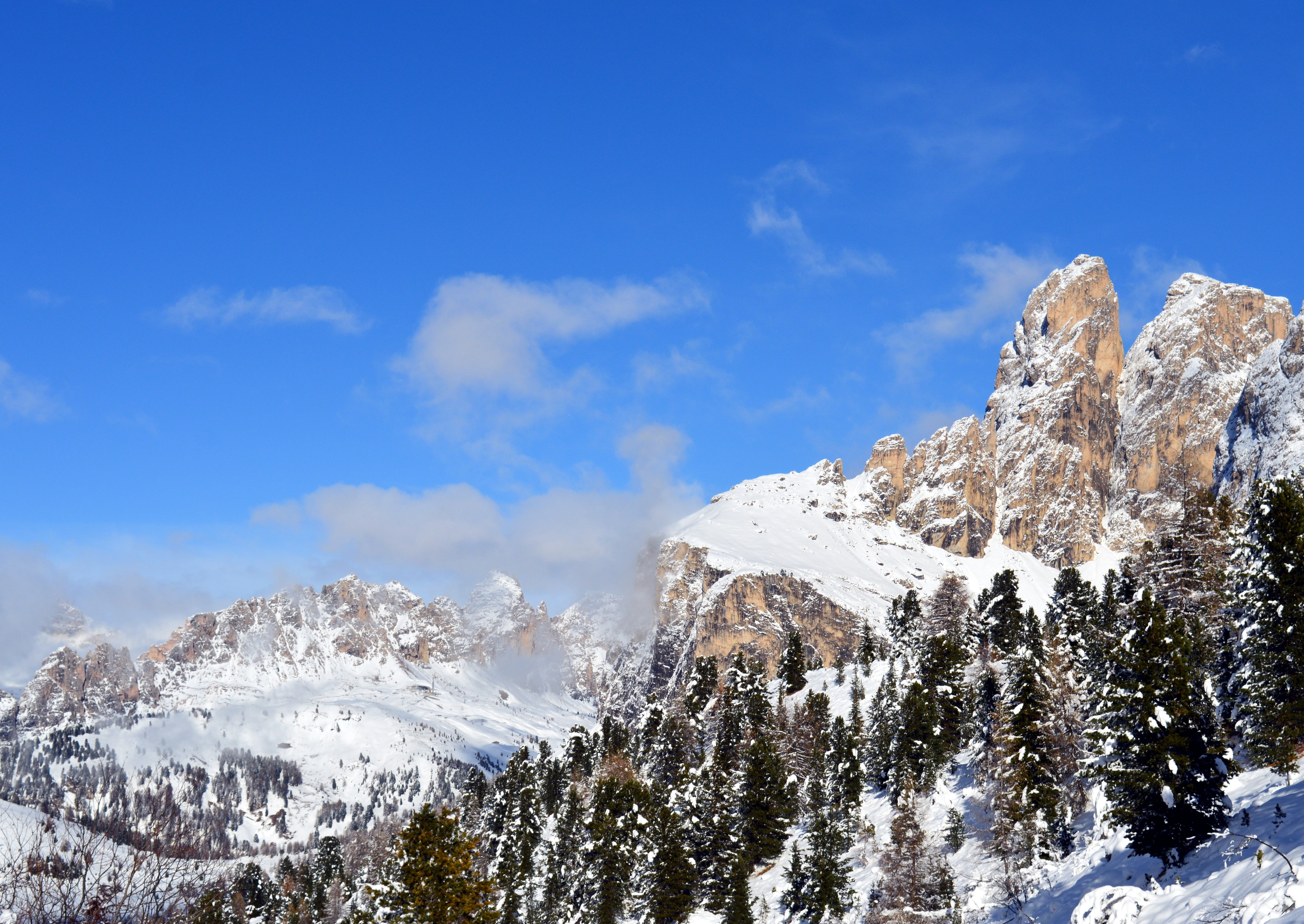 mountain peaks, tree, south tyrol, sella group, 5K, nature, scenics - nature, tranquility, tranquil scene, cold temperature, plant, mountain peak, sky, HD Wallpaper