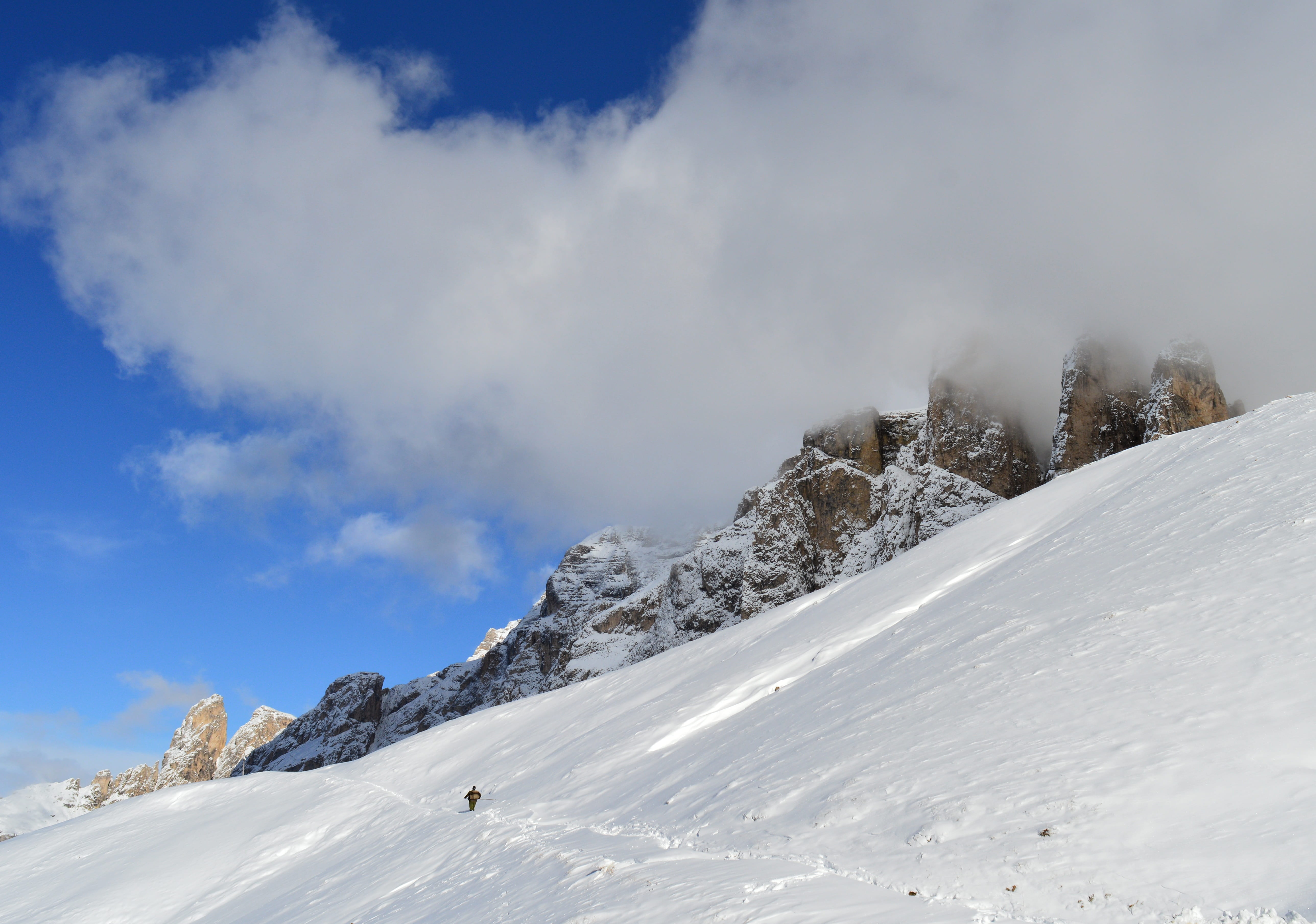mood, scenics - nature, snow, bergwelt südtirol, blue sky, blue, 5K, mountain, clouds, nature, alpine, winter blast, outdoors, beauty in nature, cloud - sky, HD Wallpaper