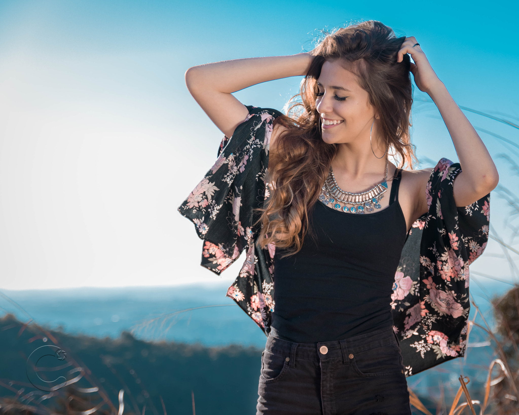 real people, leisure activity, young women, closed eyes, casual clothing, black tops, hair, women, outdoors, clear sky, beauty, hand in hair, shirt, 1080P, HD Wallpaper