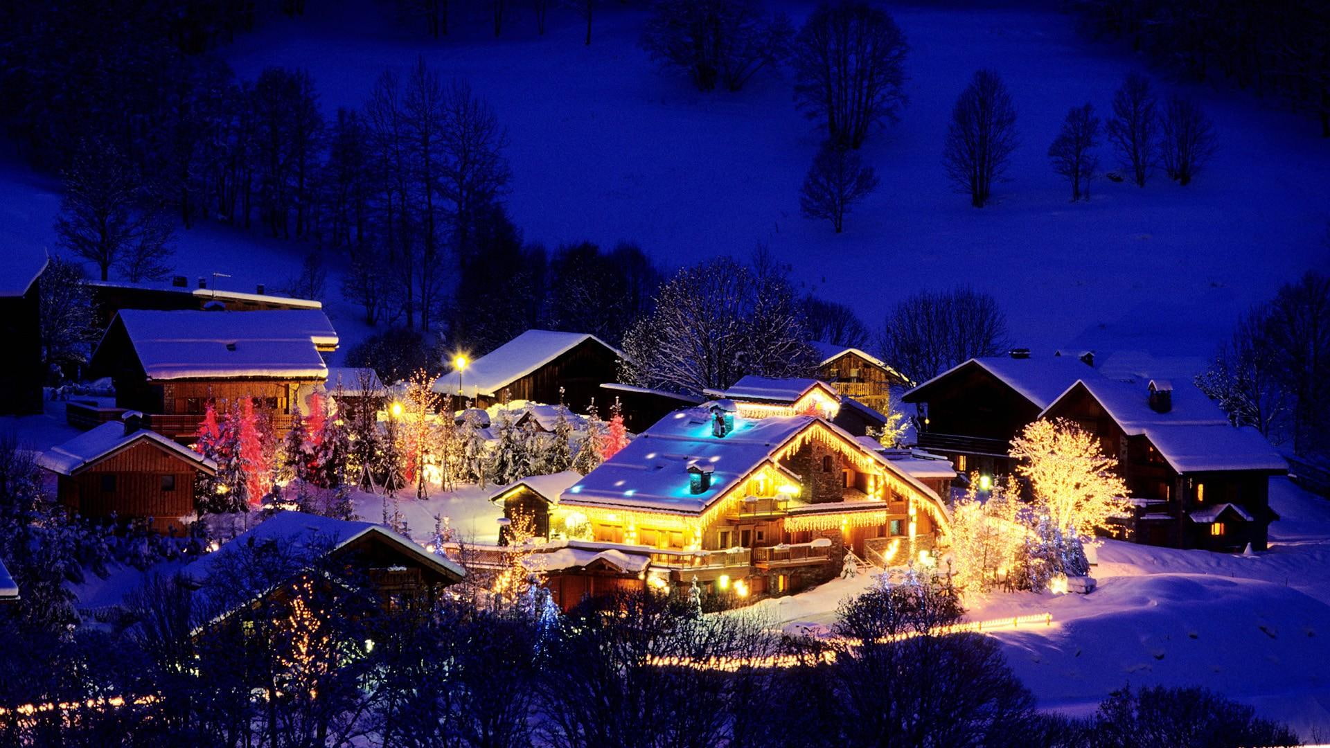 house, christmas, string, lights, nature and landscapes, mountain, france, mountains, village, 1080P, HD Wallpaper