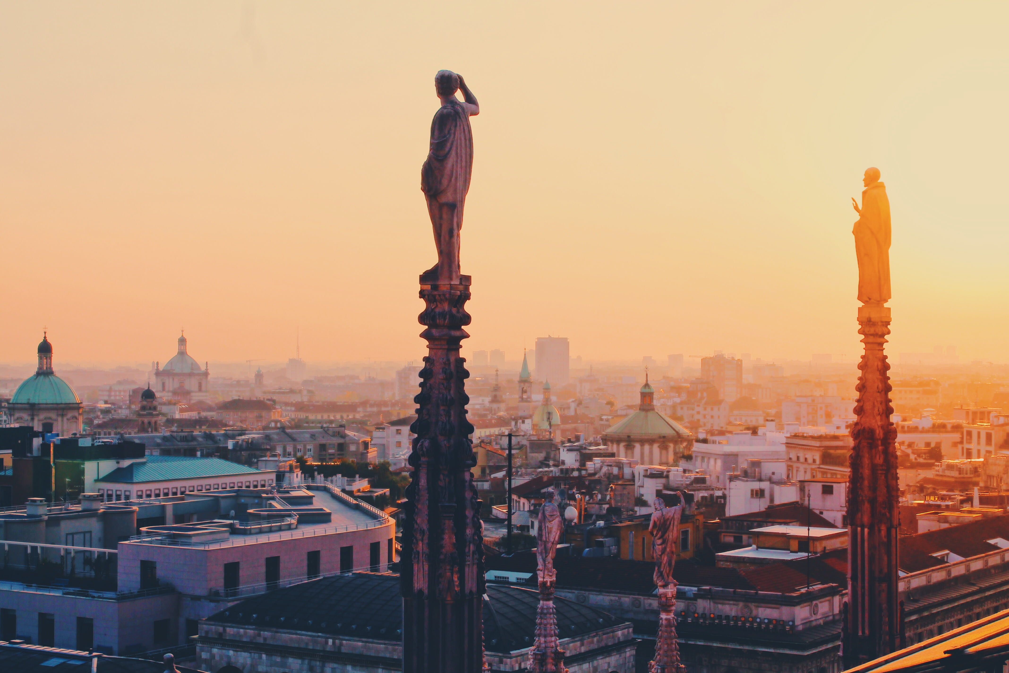 office building exterior, built structure, building exterior, church, street, sunrise, nature, architecture, milan, men, monument, landscape, outdoors, HD Wallpaper