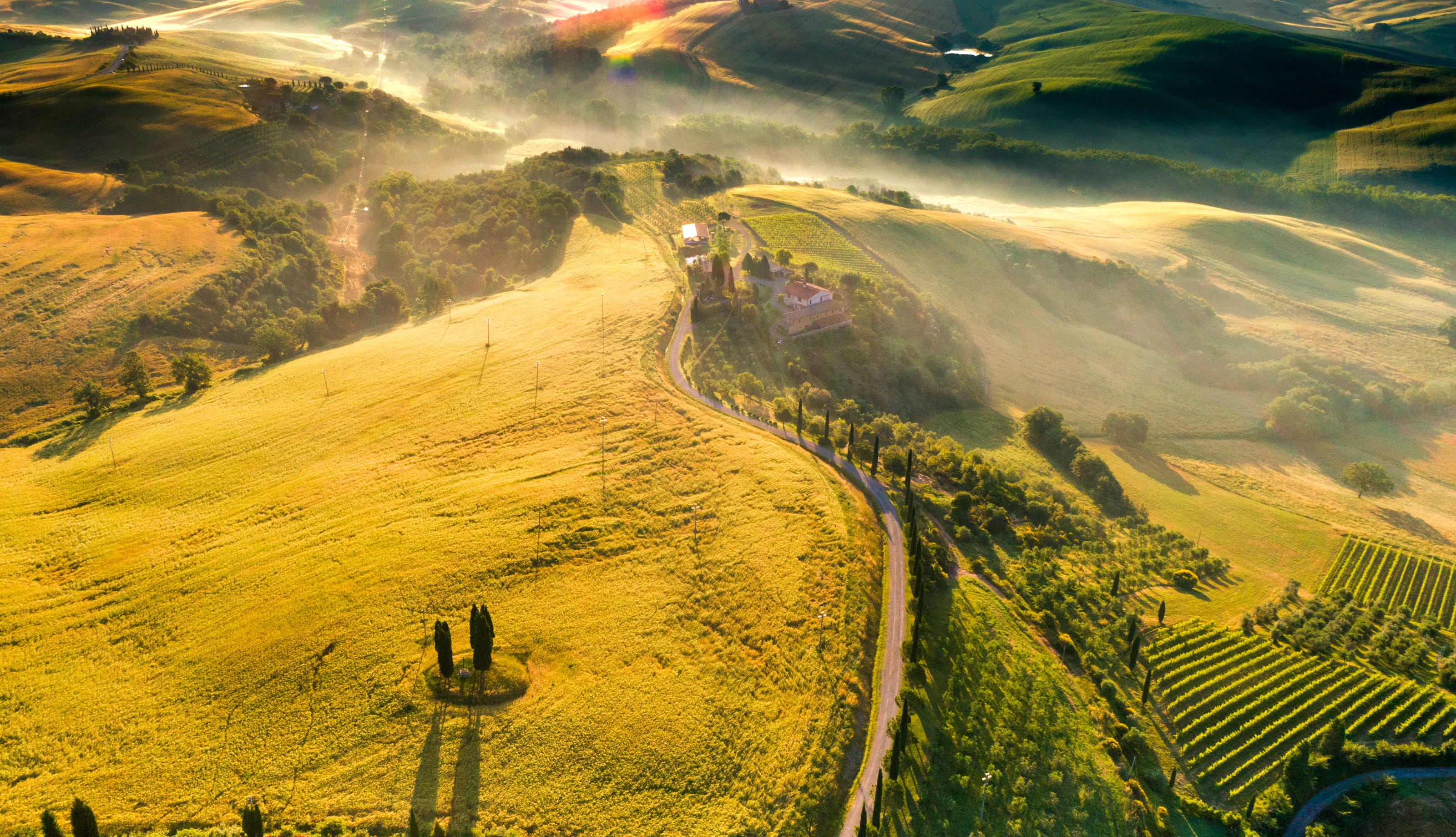 drone, no people, nature, italy, organic, beauty in nature, tranquil scene, tuscan, land, 2K, landscape, path, plant, aerial, panoramic, house, mountain, HD Wallpaper