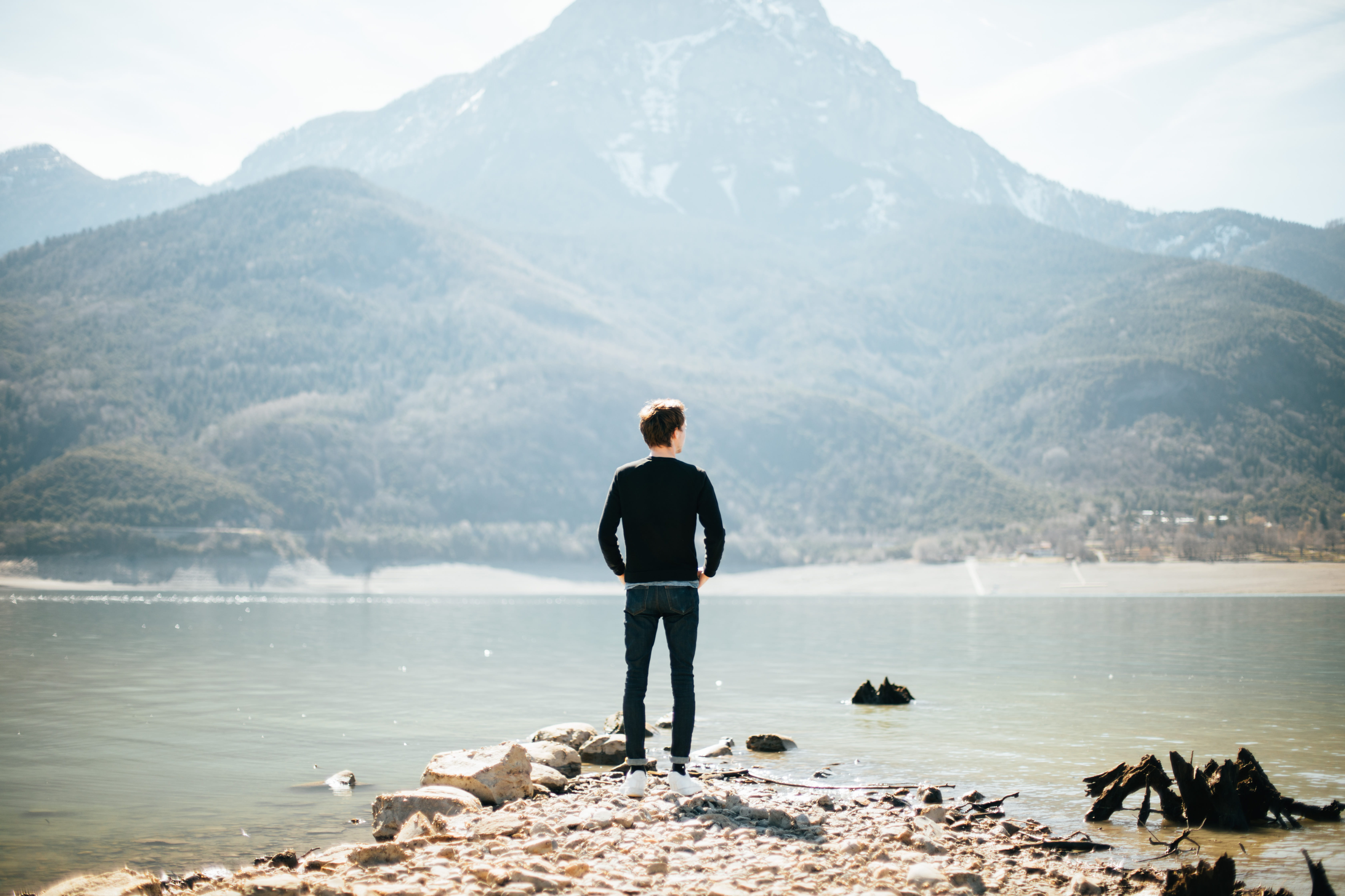 rock - object, rock, water, guy, daytime, male, 5K, solid, person, caucasian, alone, business, full length, businessman, nature, scenics - nature, lake, HD Wallpaper