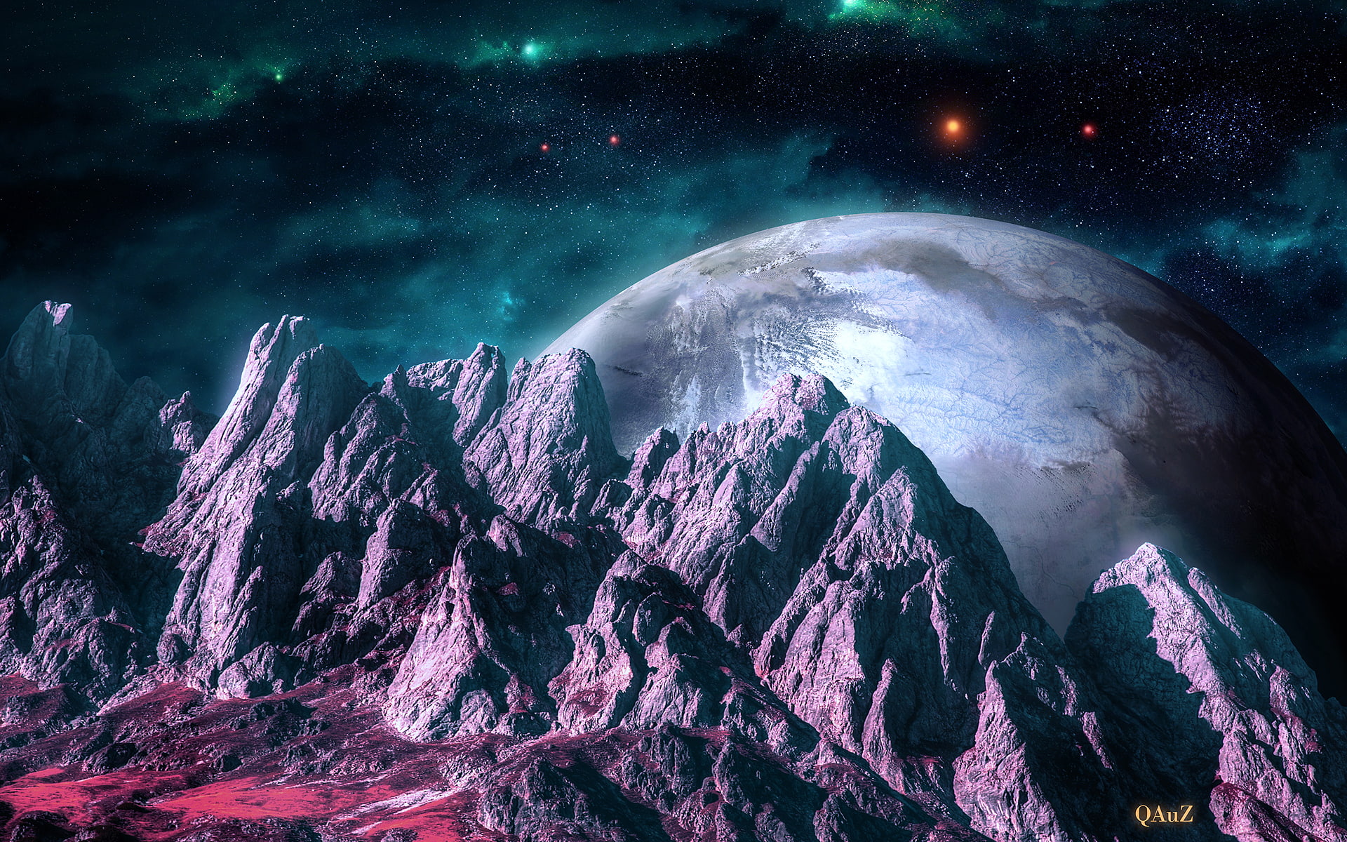 scenics - nature, tranquility, digital, behind, mountains, stars, space, planet, art, power in nature, relief, night, gray, no people, rock, HD Wallpaper