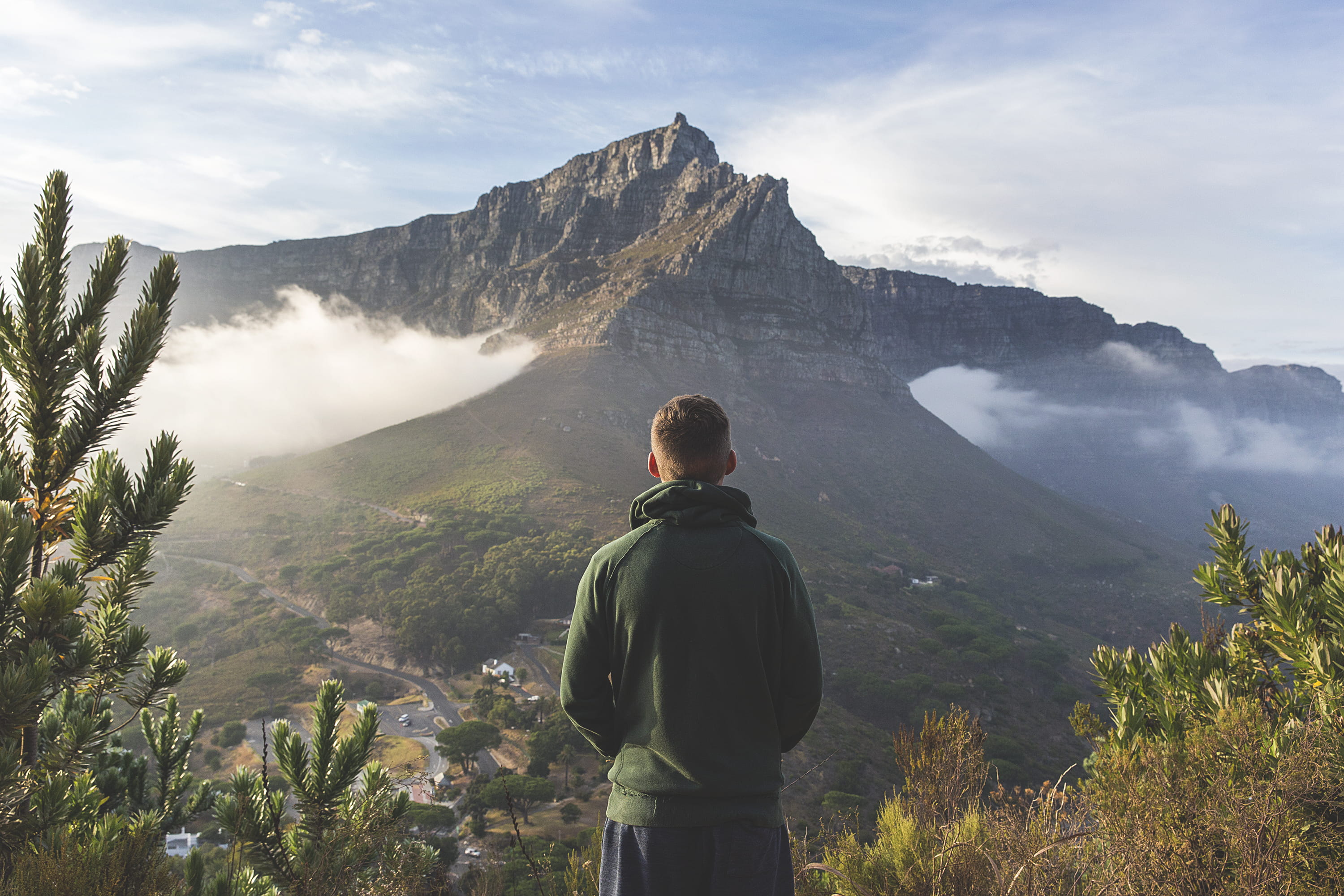 adults only, front, landscape, man, adult, real people, guy, mountain range, standing, green, walking, adventure, hoodie, hiking, scenics, beauty in nature, HD Wallpaper