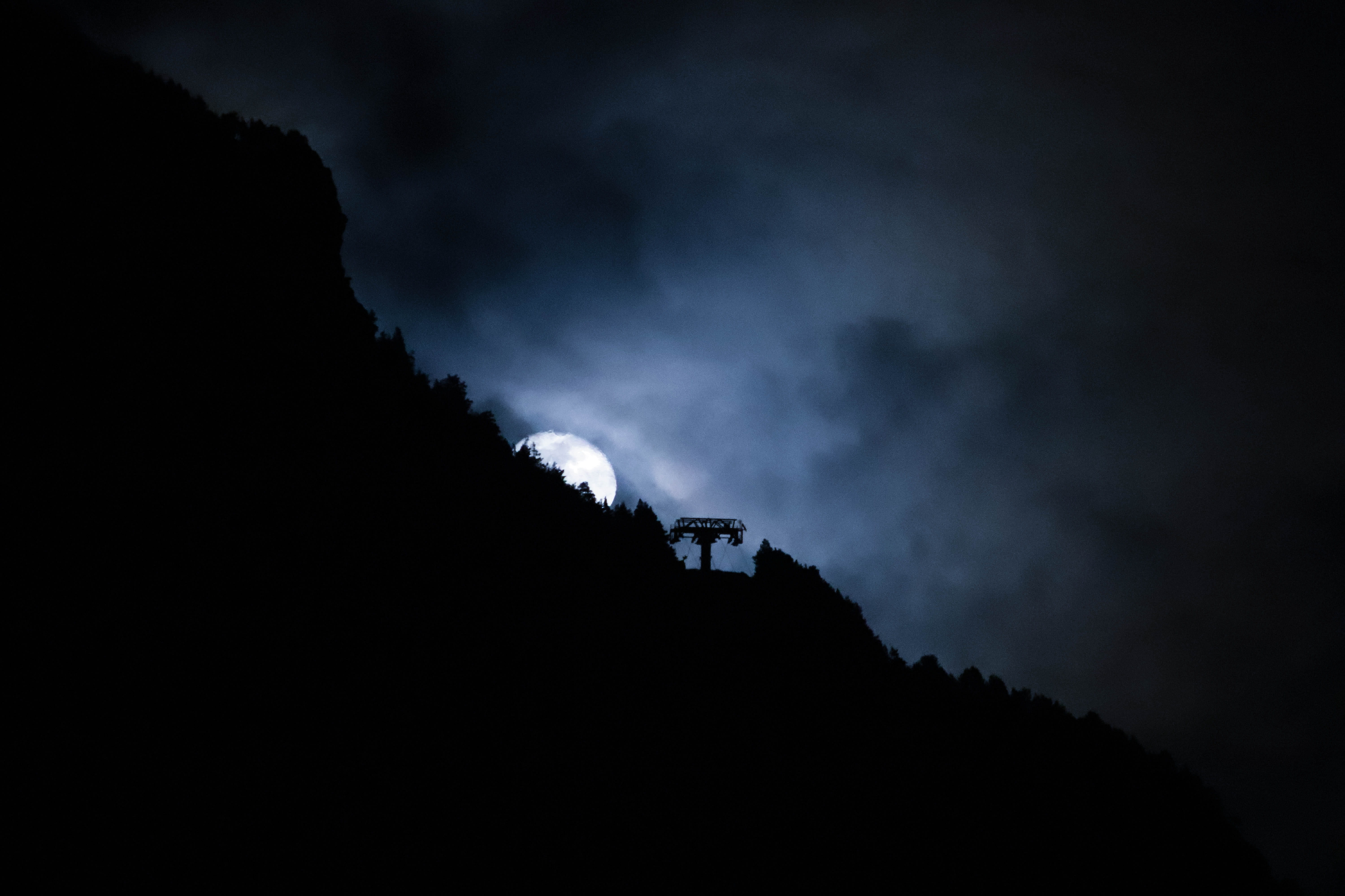 dark, mountain range, tranquil scene, low angle view, mountain, beauty in nature, full, outdoors, forest, behind, environment, nature, 5K, night, no people, HD Wallpaper