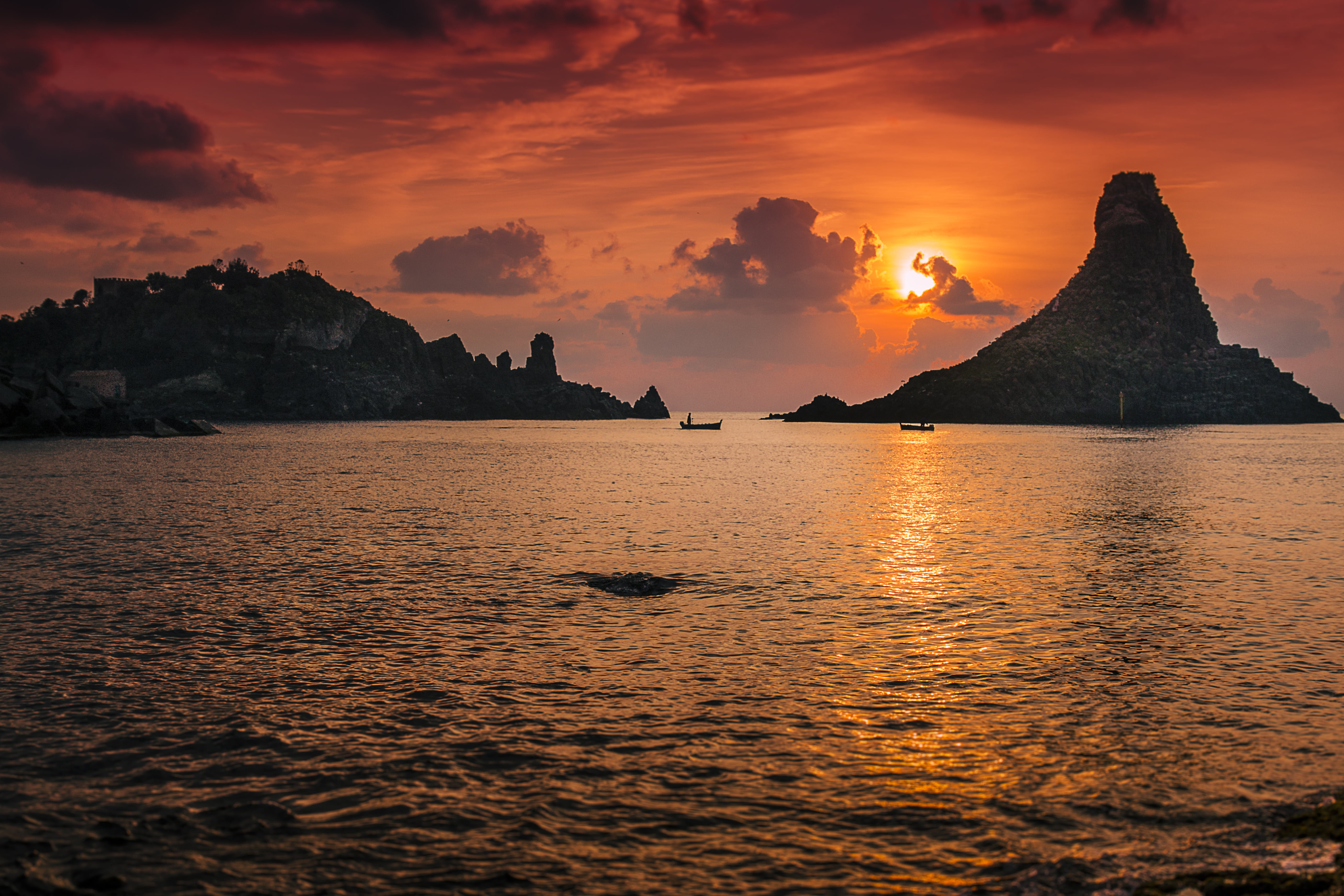 coastline, sky, landscape, hour, silhouette, sunset, golden hour, photo, beach, tropical Climate, Acitrezza, body, nature, mountain, Alba, vacations, tourism, HD Wallpaper