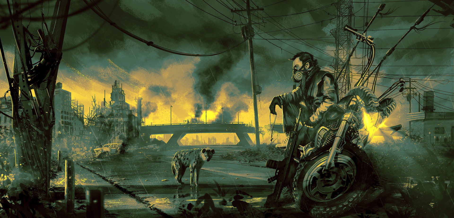 motorcycle, desolate, war, built structure, weapon, sculpture, representation, nature, Luciano Neves, transportation, human representation, digital art, HD Wallpaper