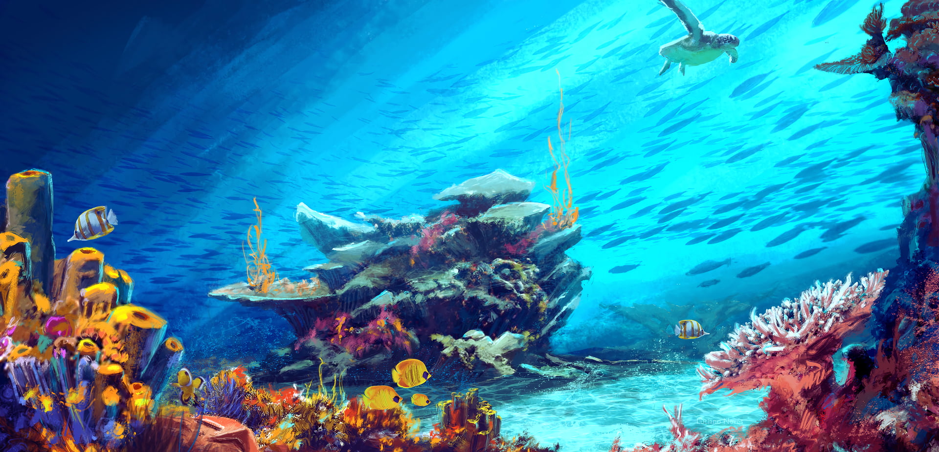 sea, illustration, fish, 1080P, digital art, turtle, Luciano Neves, underwater, artwork, coral, HD Wallpaper