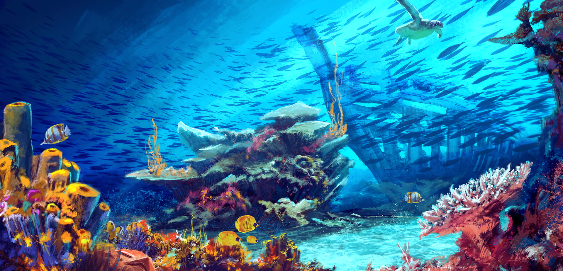Luciano Neves, 1080P, digital art, illustration, turtle, fish, underwater, sea, coral, artwork, HD Wallpaper