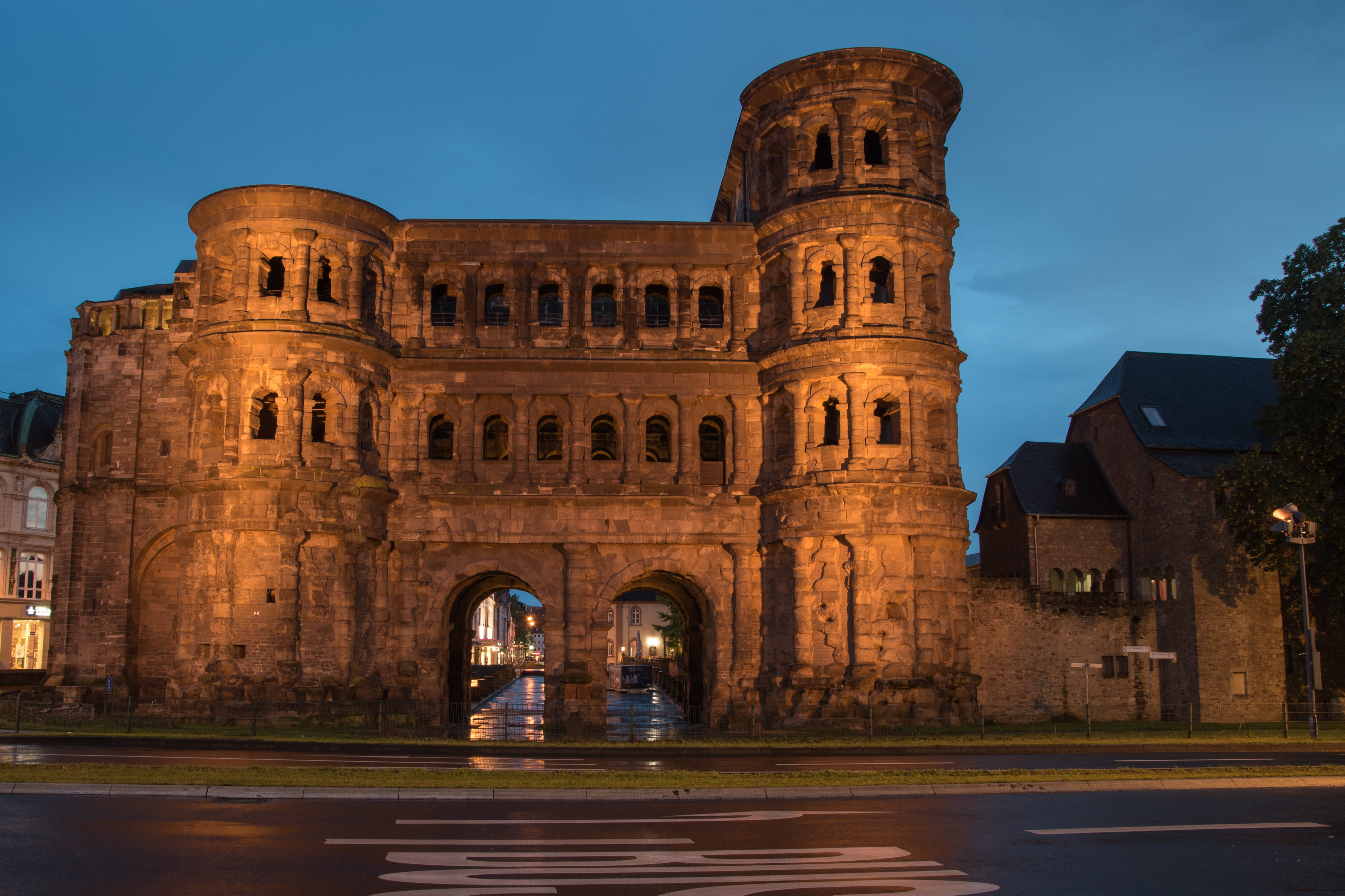 road, travel, Porta Nigra, arch, Roman, abendstimmung, city, built structure, architecture, city gate, illuminated, dusk, blue, building exterior, outdoors, HD Wallpaper