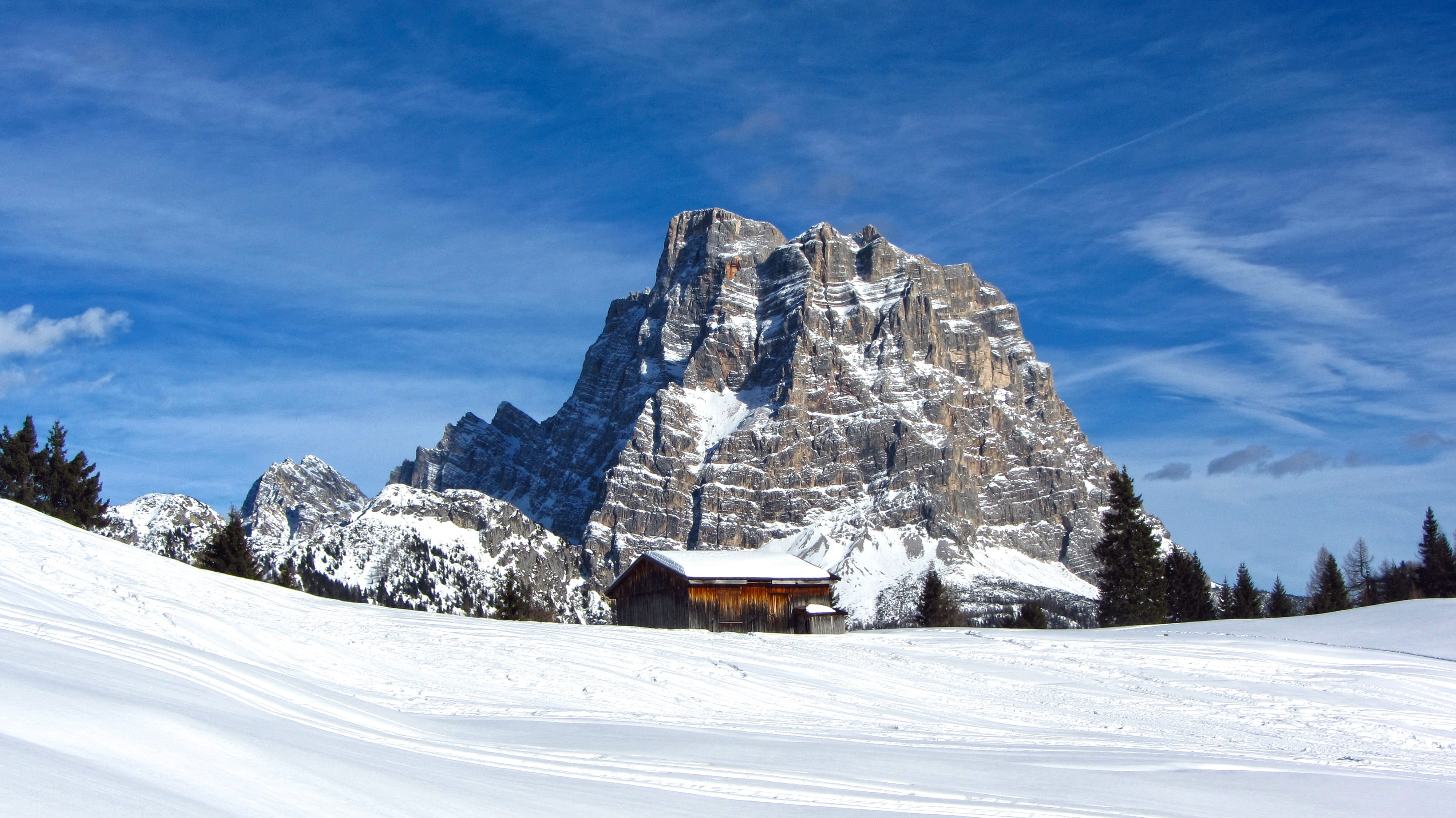 cottage, outdoor, white color, no people, mountain, winter, blue, landscape, ski, Dolomites, beauty in nature, 4K, skialp, building exterior, winter landscape, HD Wallpaper