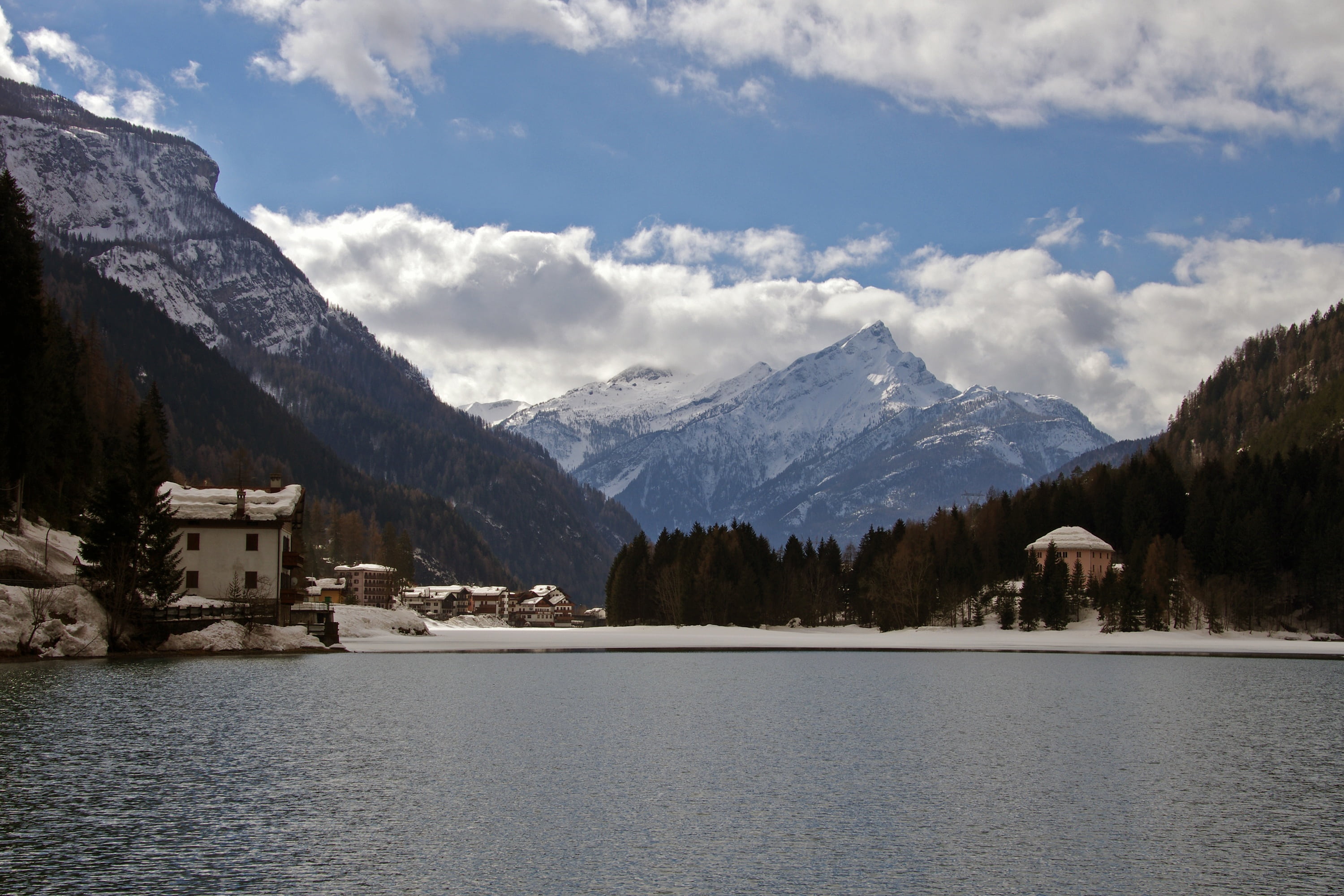 winter landscape, beauty in nature, sky, water, belluno, range, cloud - sky, 2K, no people, snow, scenics - nature, landscape, italy, architecture, waterfront, HD Wallpaper