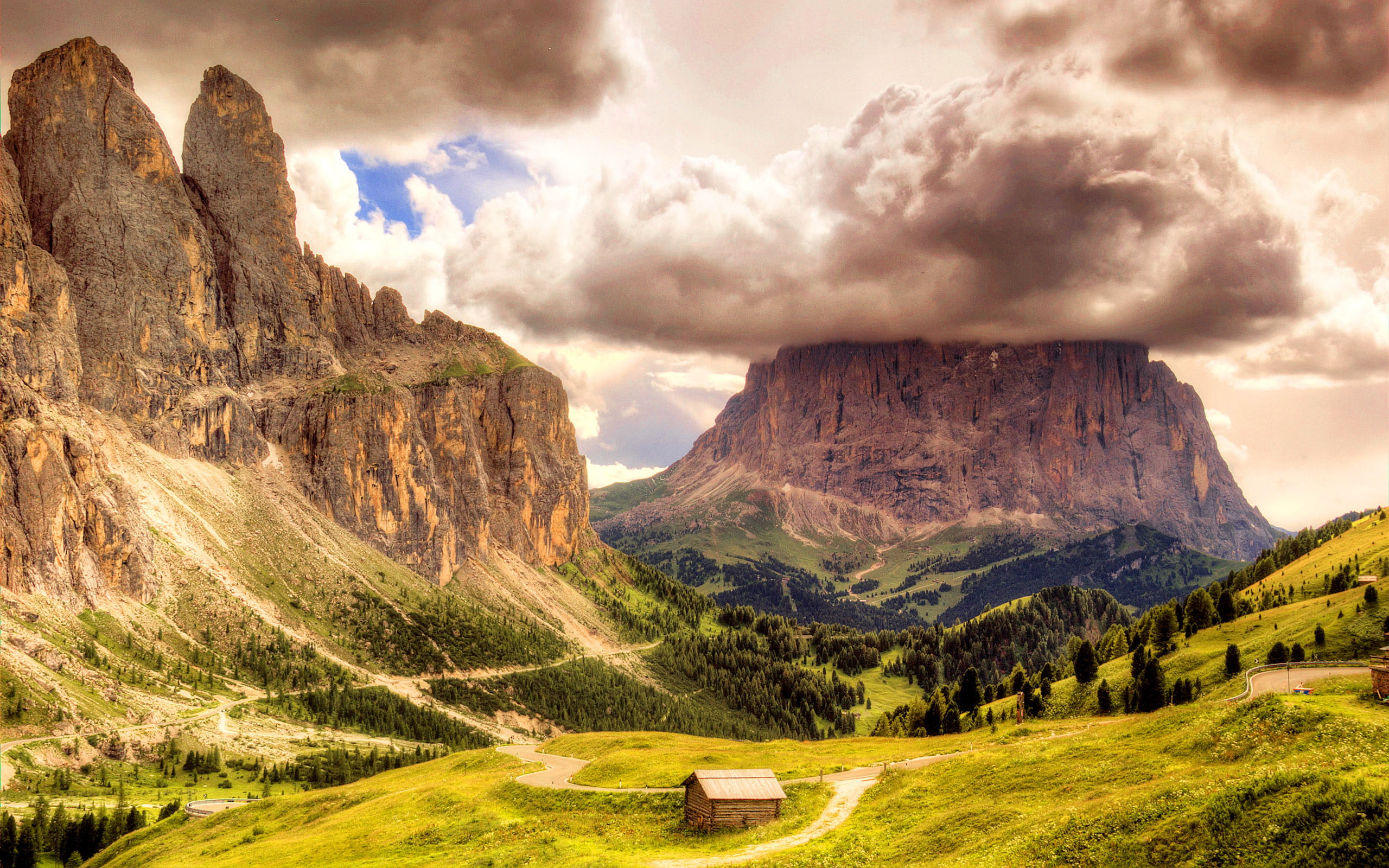 wooden, rock, 2K, hut, clouds, dolomites, sella, HD Wallpaper