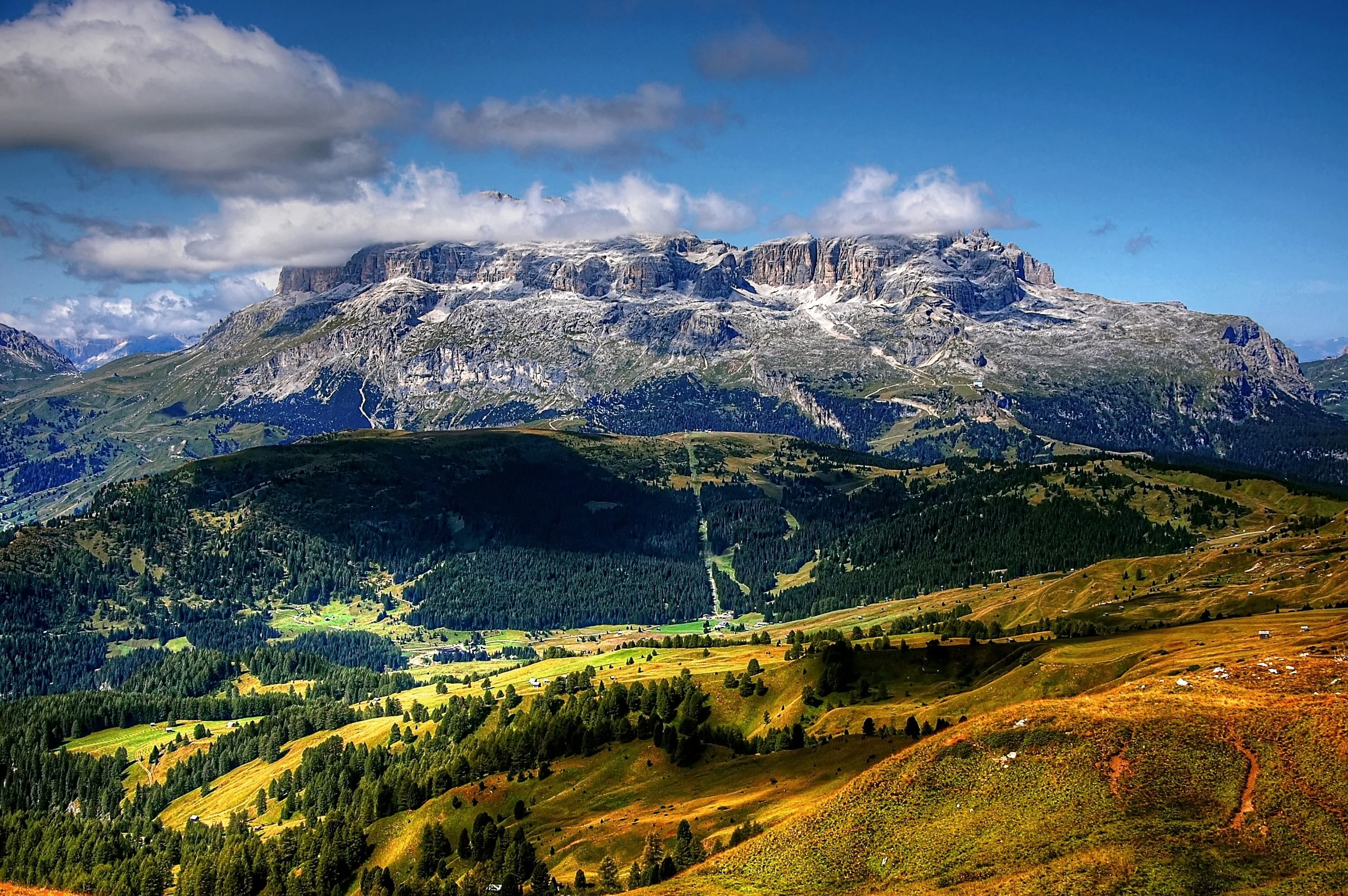 mountain range, non-urban scene, view, sky, 2K, Italy, travel, pine tree, environment, mountain, Mountains, snow, rock, scenics, beauty in nature, panorama, HD Wallpaper