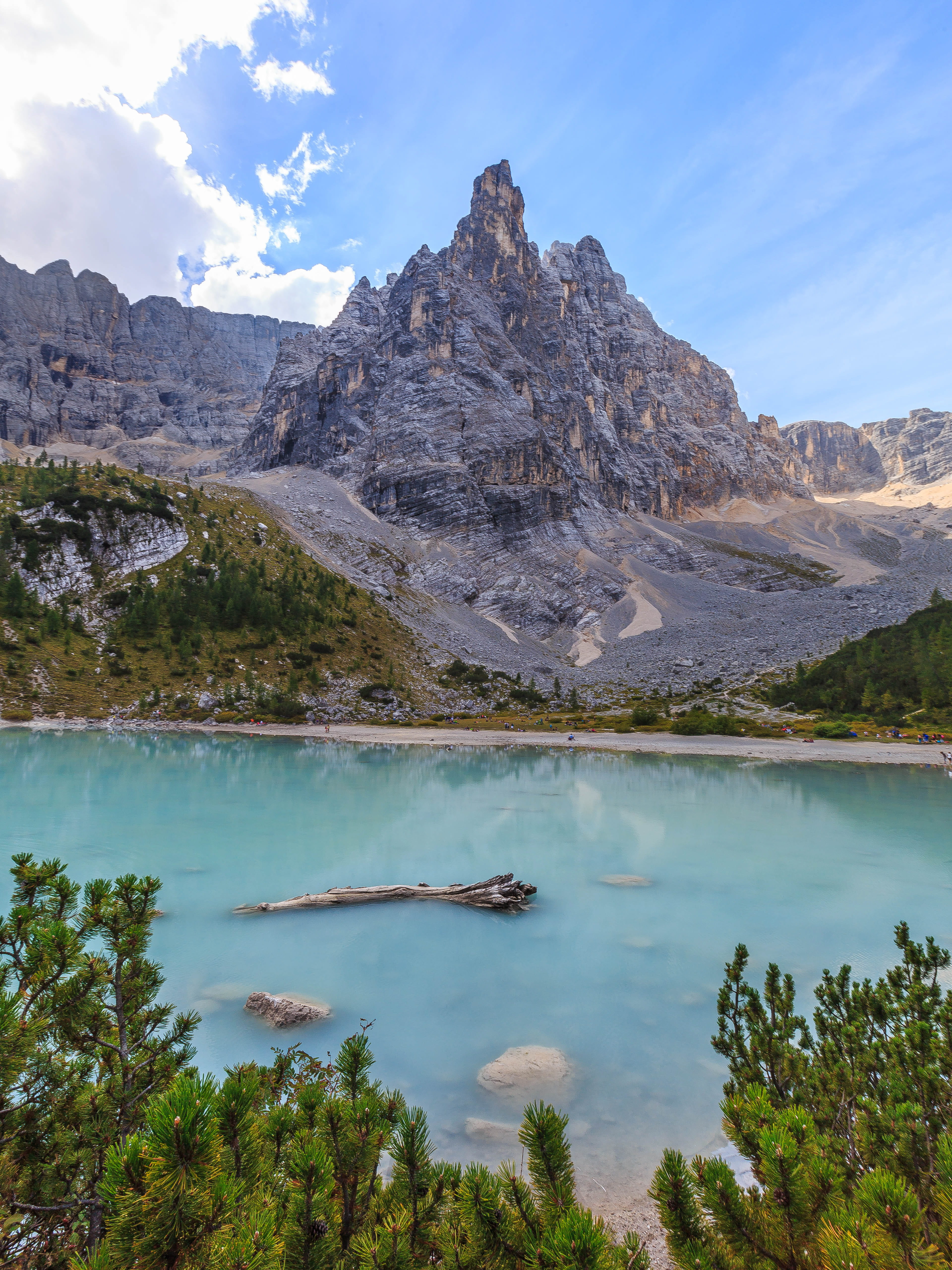 beauty in nature, sky, turquoise, italy, lago di sorapis, lake, wood, cloud - sky, turquoise colored, tranquility, no people, tranquil scene, water, blue, Phone HD Wallpaper