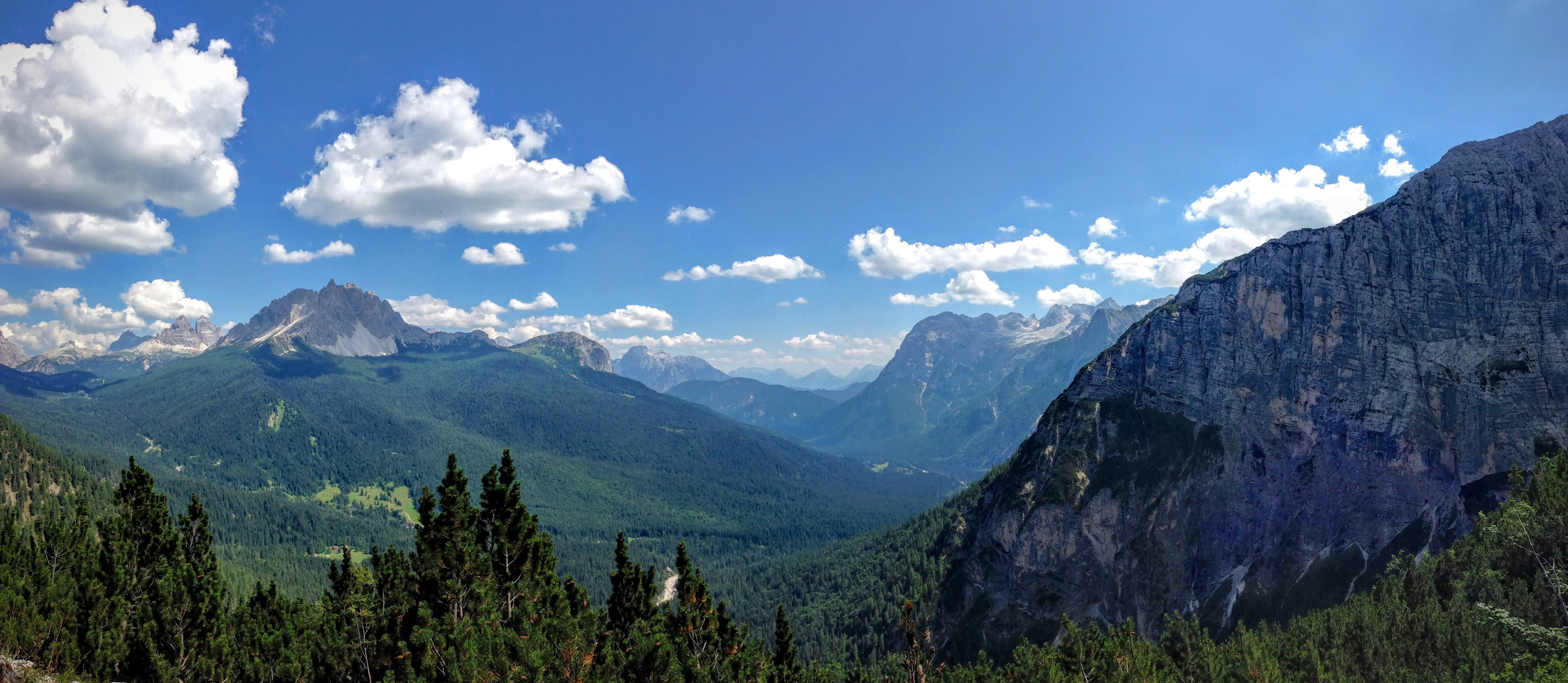 tranquil scene, moutain, coniferous tree, veneto, mountain, travel destinations, sorapis, cloud - sky, dolomiti, mountain peak, pine tree, italy, lago di sorapis, HD Wallpaper